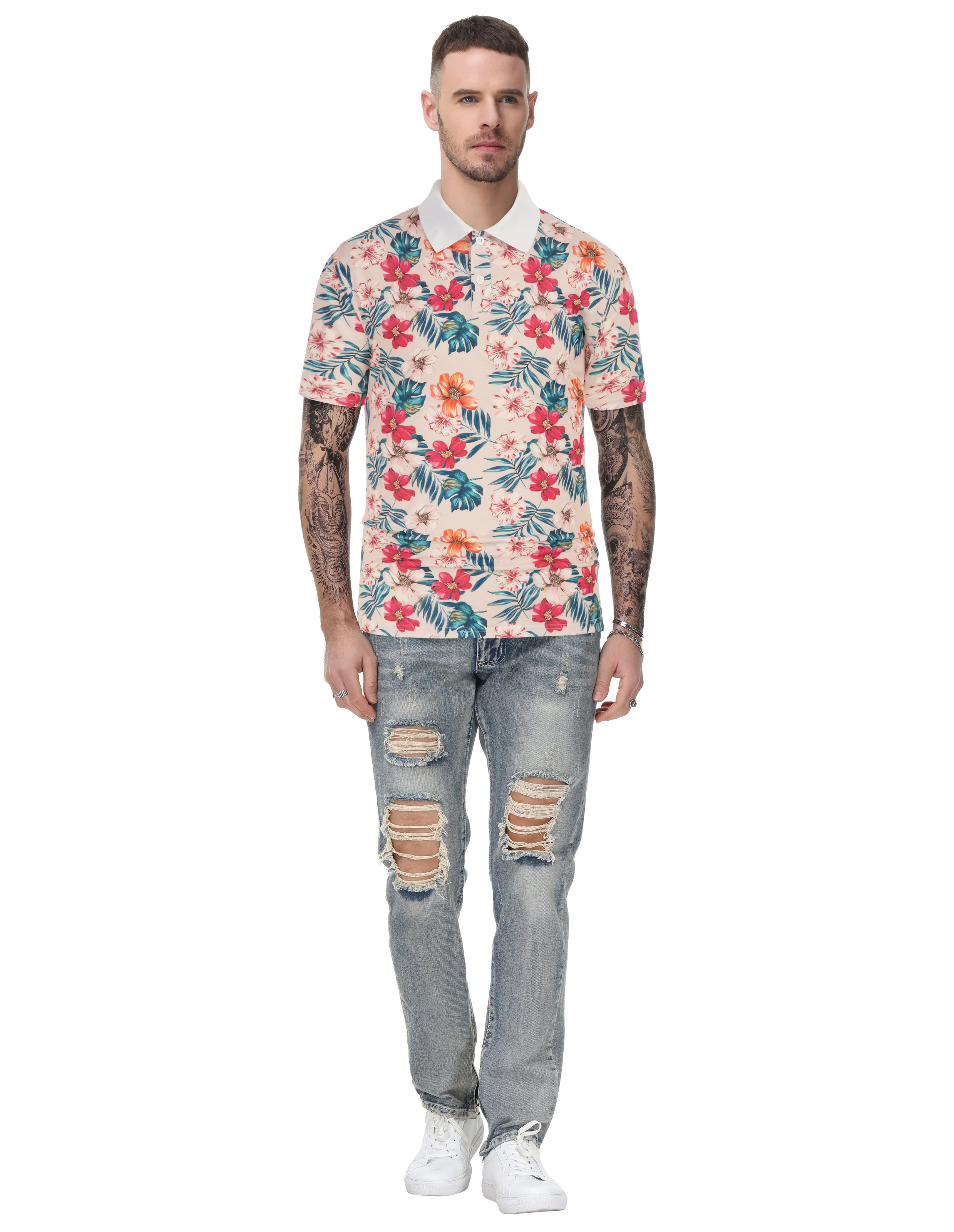Mens Flower Polo Shirts Vintage Print Casual Tee Pullover Shirts for Summer - Image 25