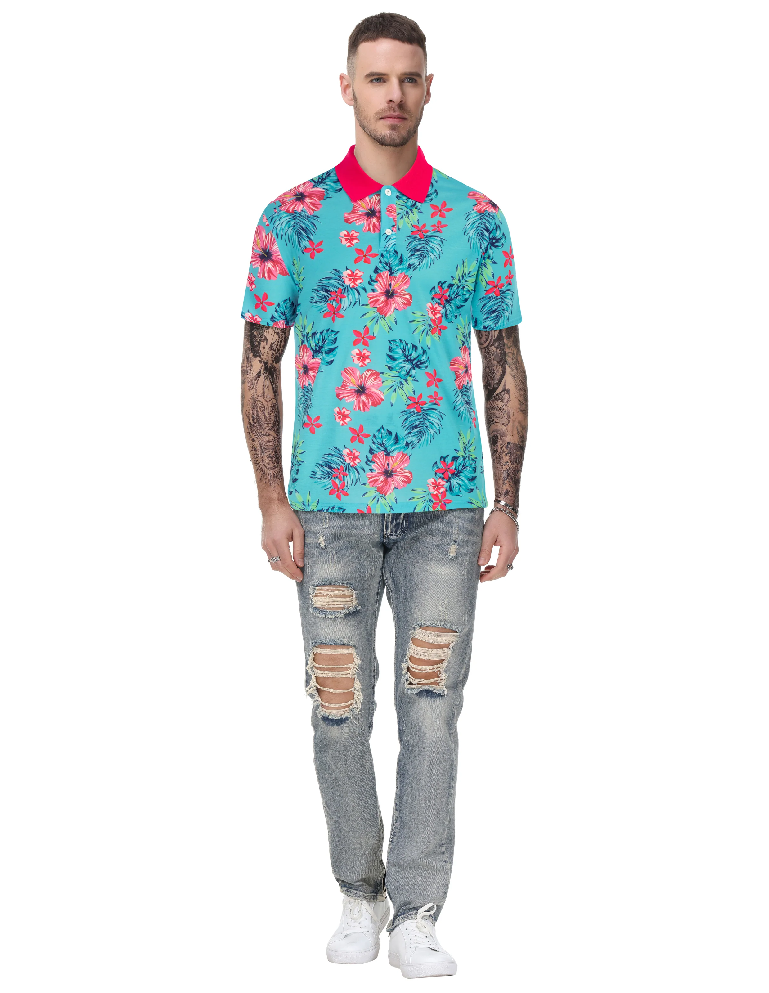 Mens Flower Polo Shirts Vintage Print Casual Tee Pullover Shirts for Summer - Image 29