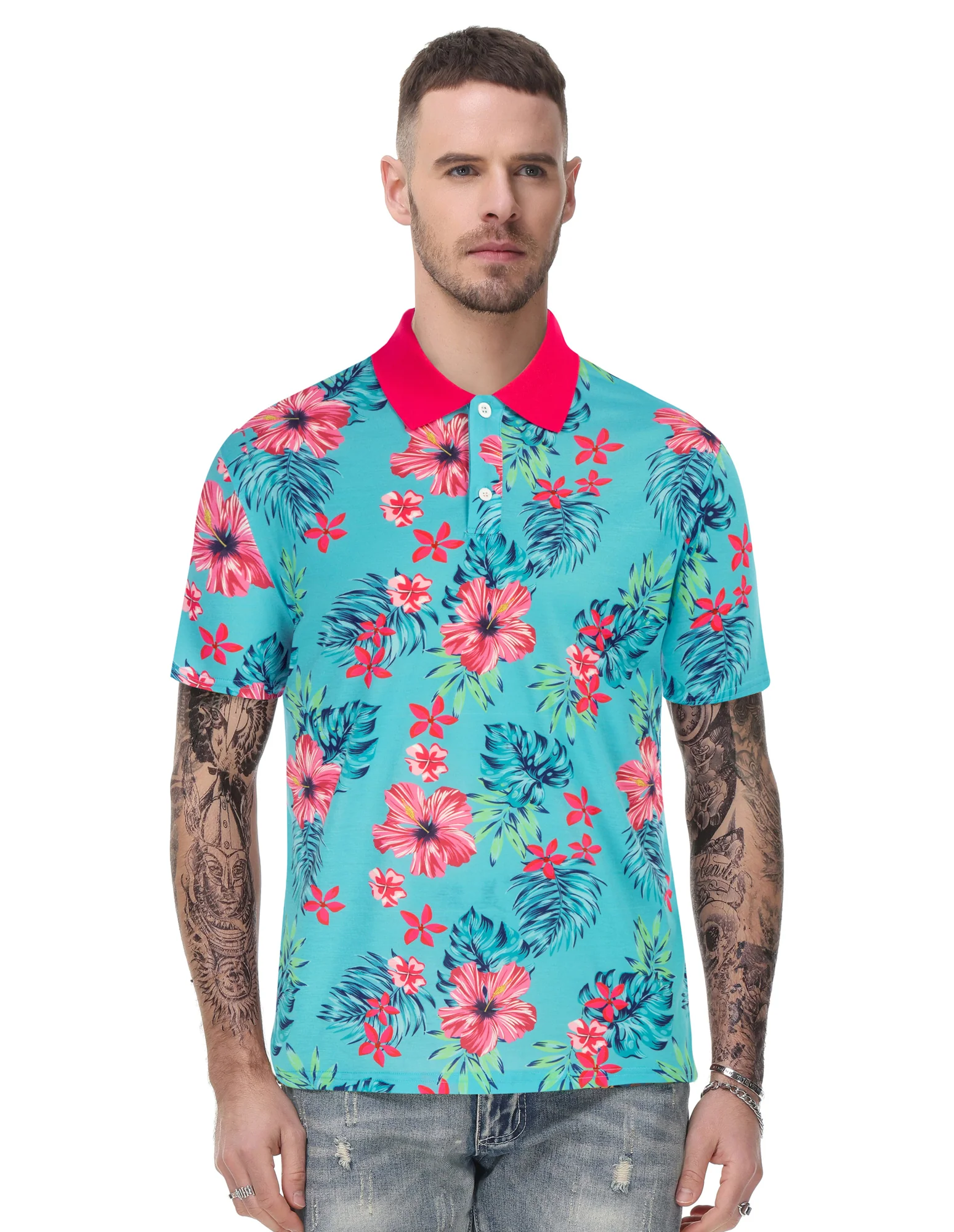 Mens Flower Polo Shirts Vintage Print Casual Tee Pullover Shirts for Summer - Image 30