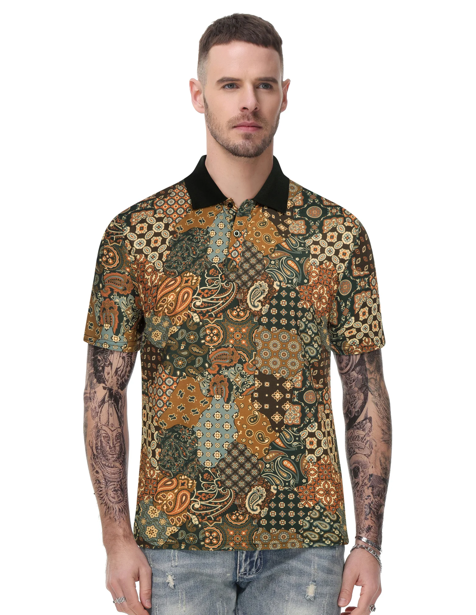Mens Flower Polo Shirts Vintage Print Casual Tee Pullover Shirts for Summer - Image 34