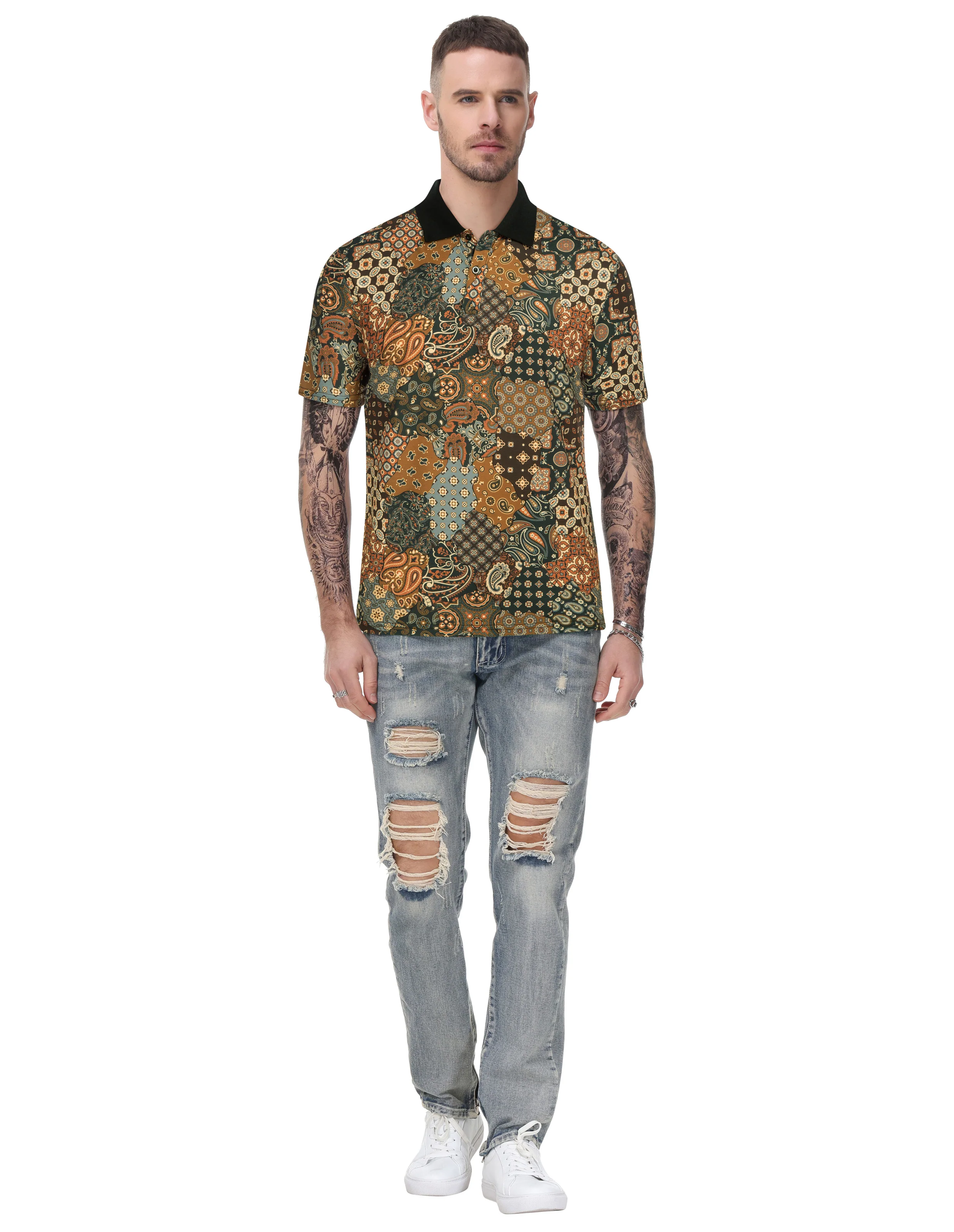 Mens Flower Polo Shirts Vintage Print Casual Tee Pullover Shirts for Summer - Image 35