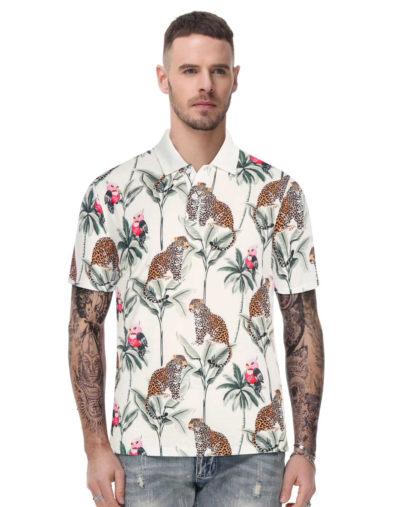 Mens Flower Polo Shirts Vintage Print Casual Tee Pullover Shirts for Summer - Image 39