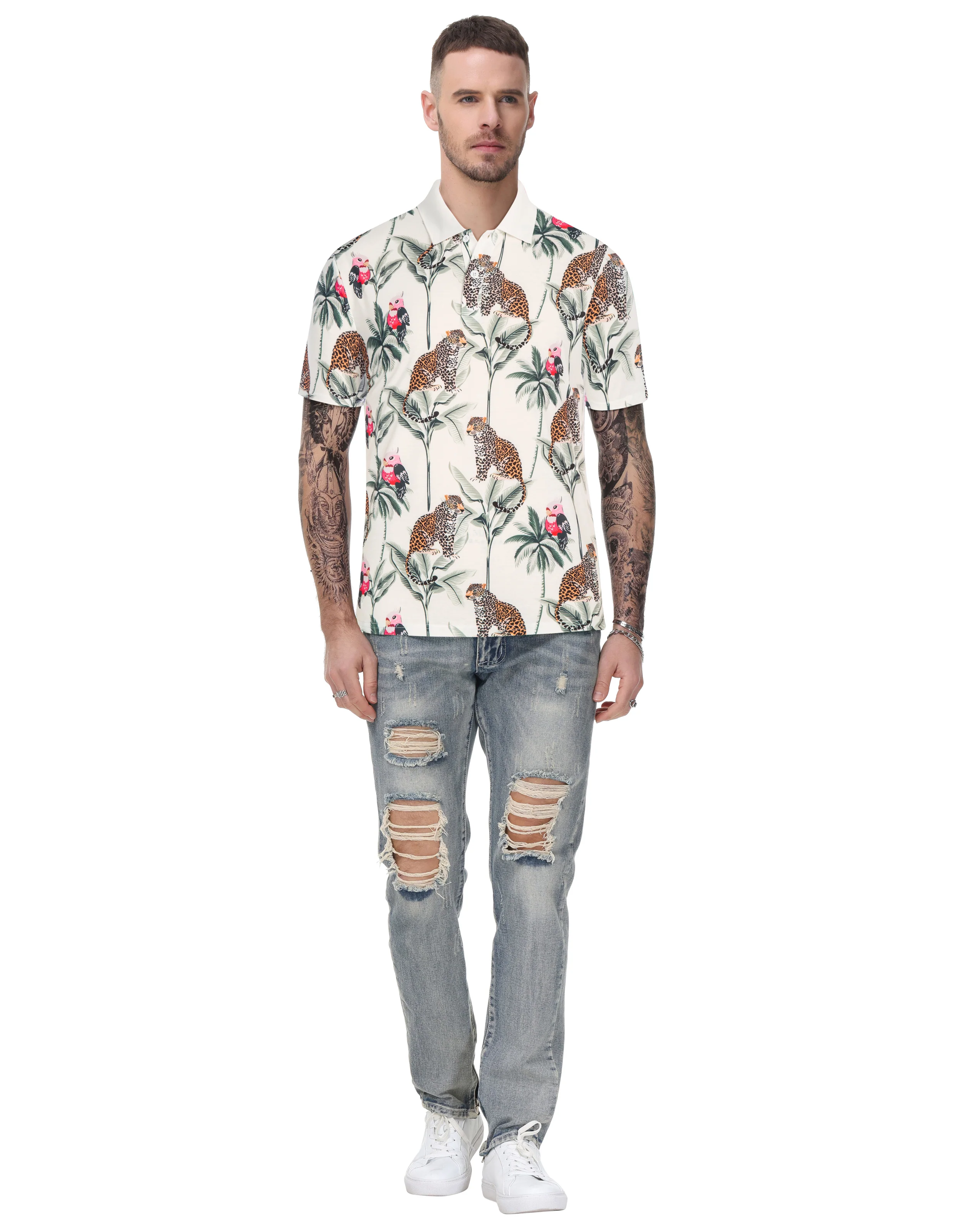 Mens Flower Polo Shirts Vintage Print Casual Tee Pullover Shirts for Summer - Image 40