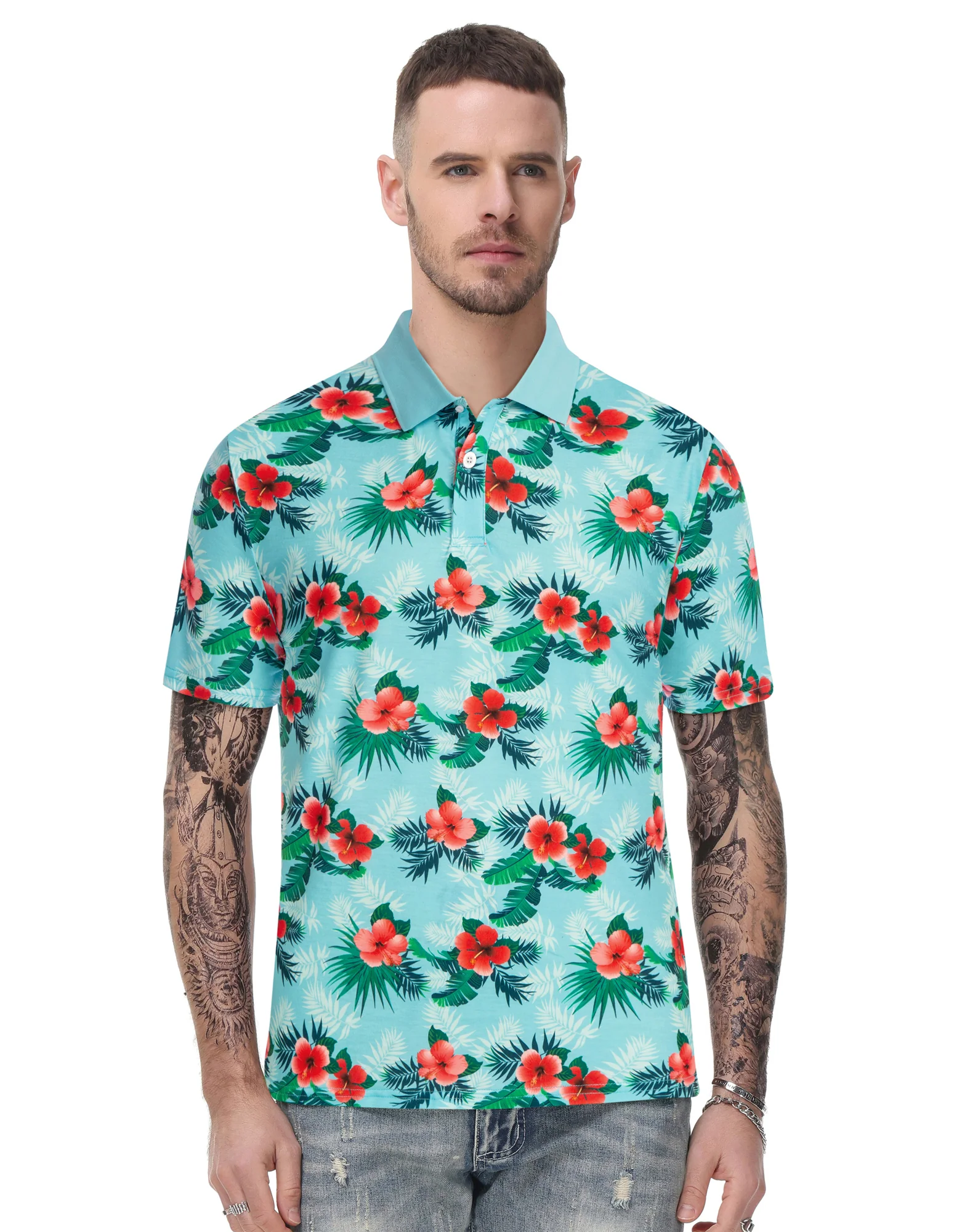 Mens Flower Polo Shirts Vintage Print Casual Tee Pullover Shirts for Summer - Image 44