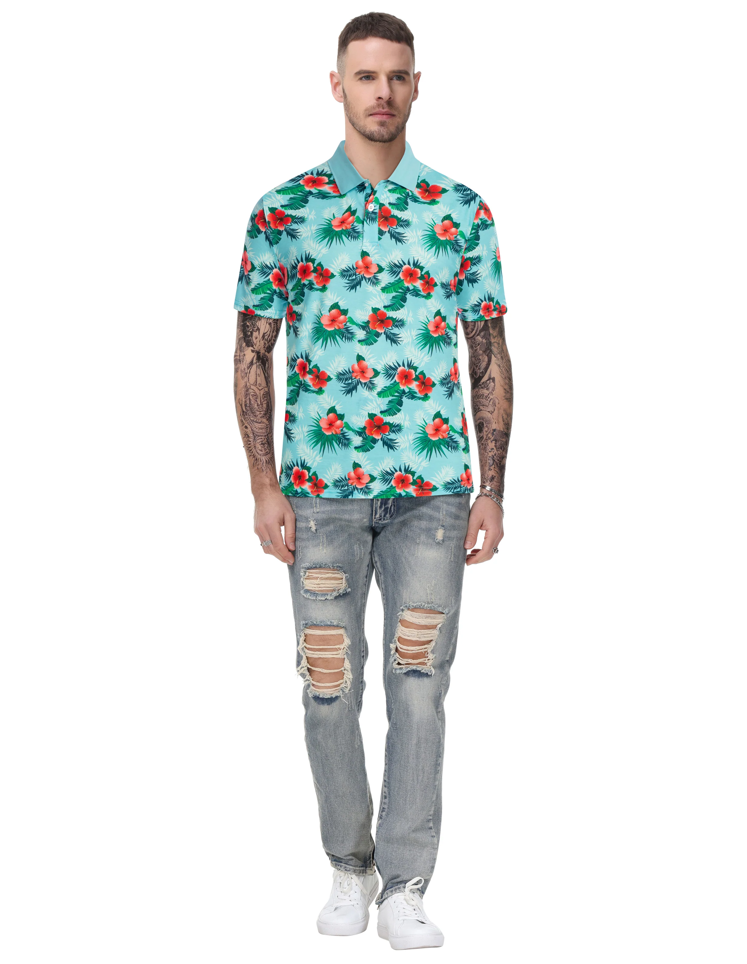 Mens Flower Polo Shirts Vintage Print Casual Tee Pullover Shirts for Summer - Image 45