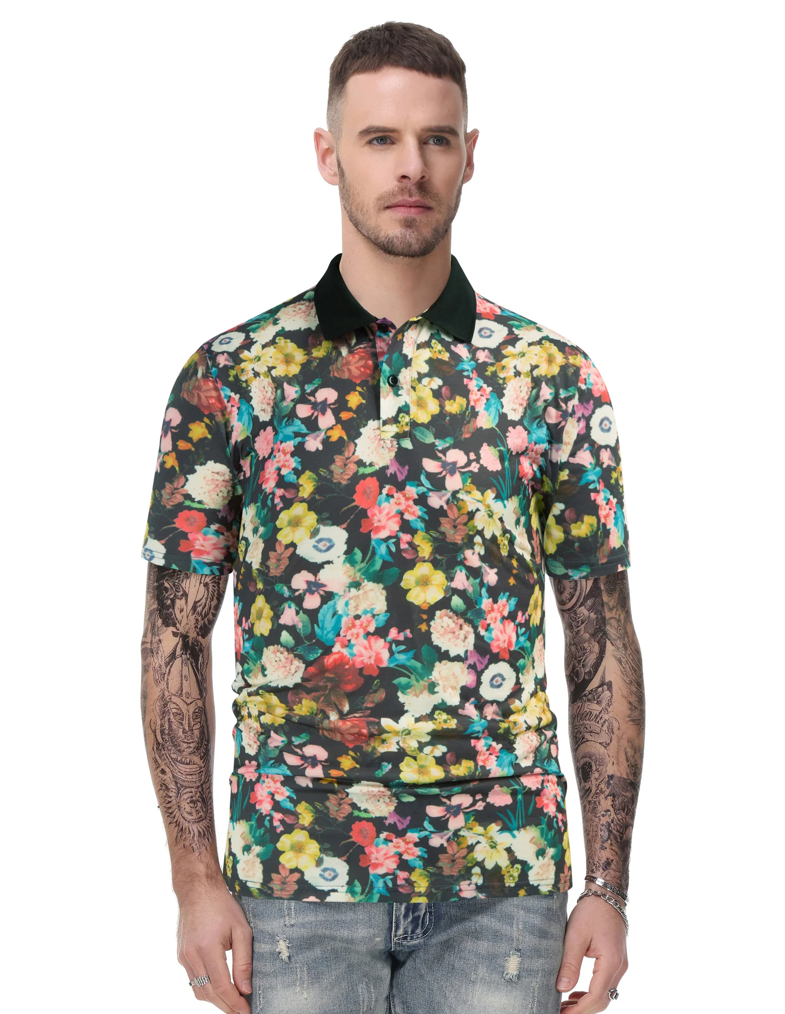 Mens Flower Polo Shirts Vintage Print Casual Tee Pullover Shirts for Summer - Image 5