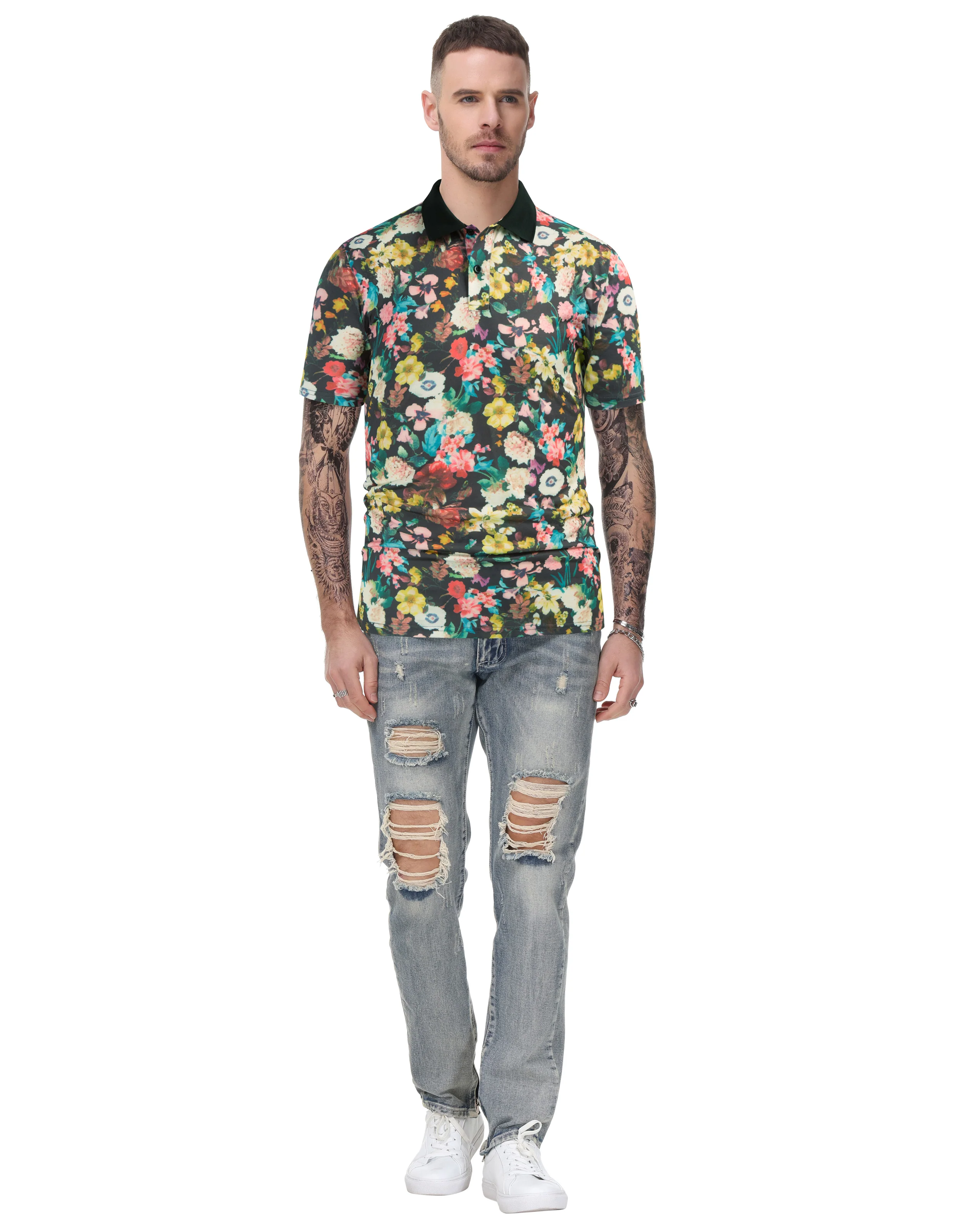 Mens Flower Polo Shirts Vintage Print Casual Tee Pullover Shirts for Summer - Image 6