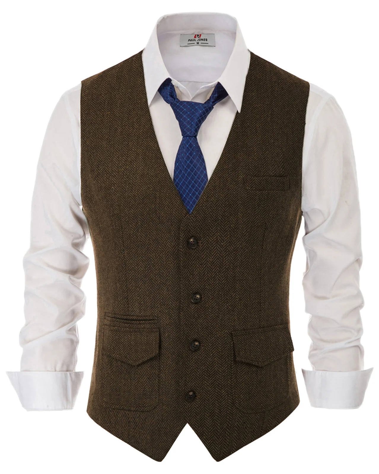 Men's British Herringbone Tweed Vest Casual Wool Blend Waistcoat with Pockets - Image 13