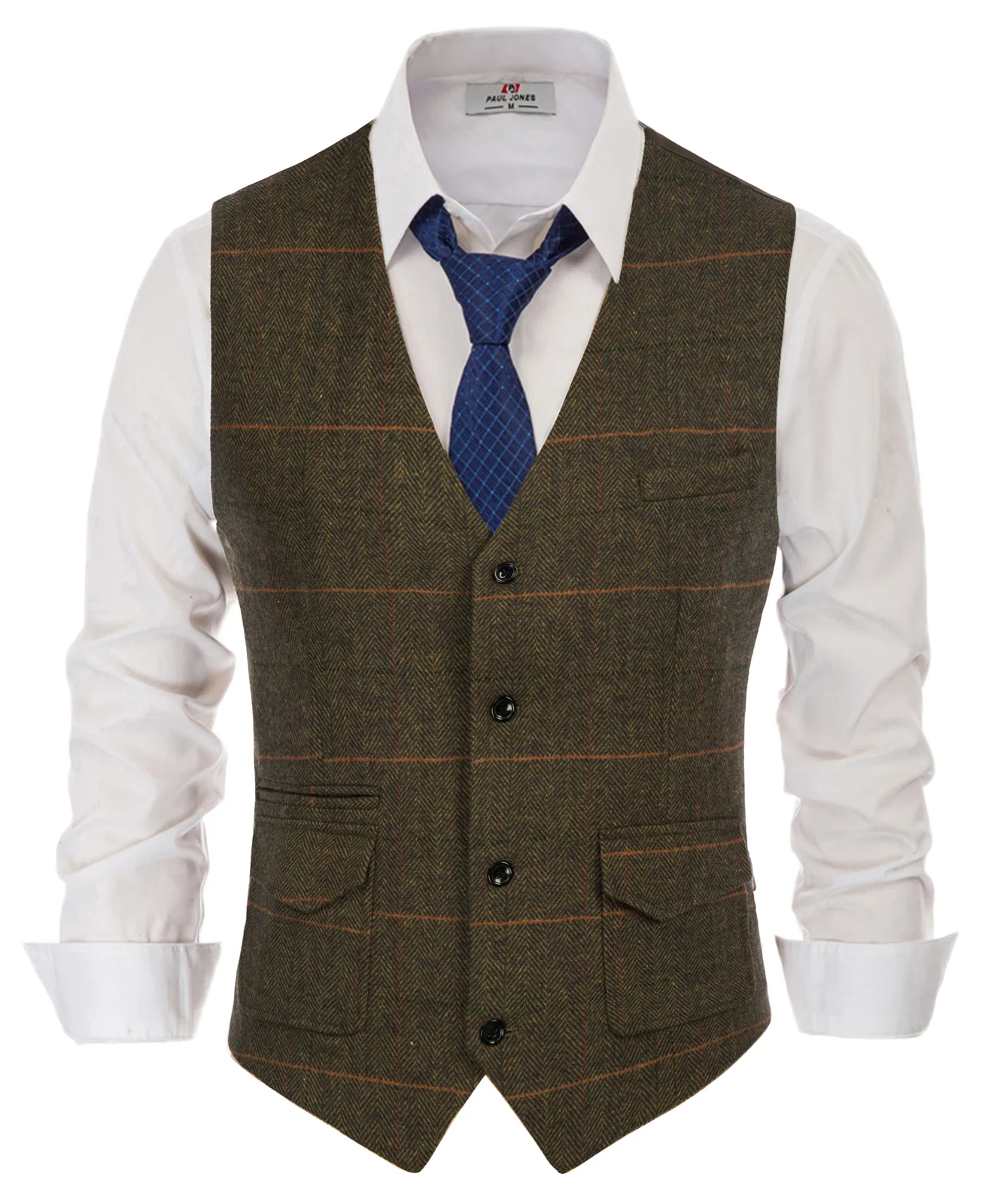 Men's British Herringbone Tweed Vest Casual Wool Blend Waistcoat with Pockets - Image 16