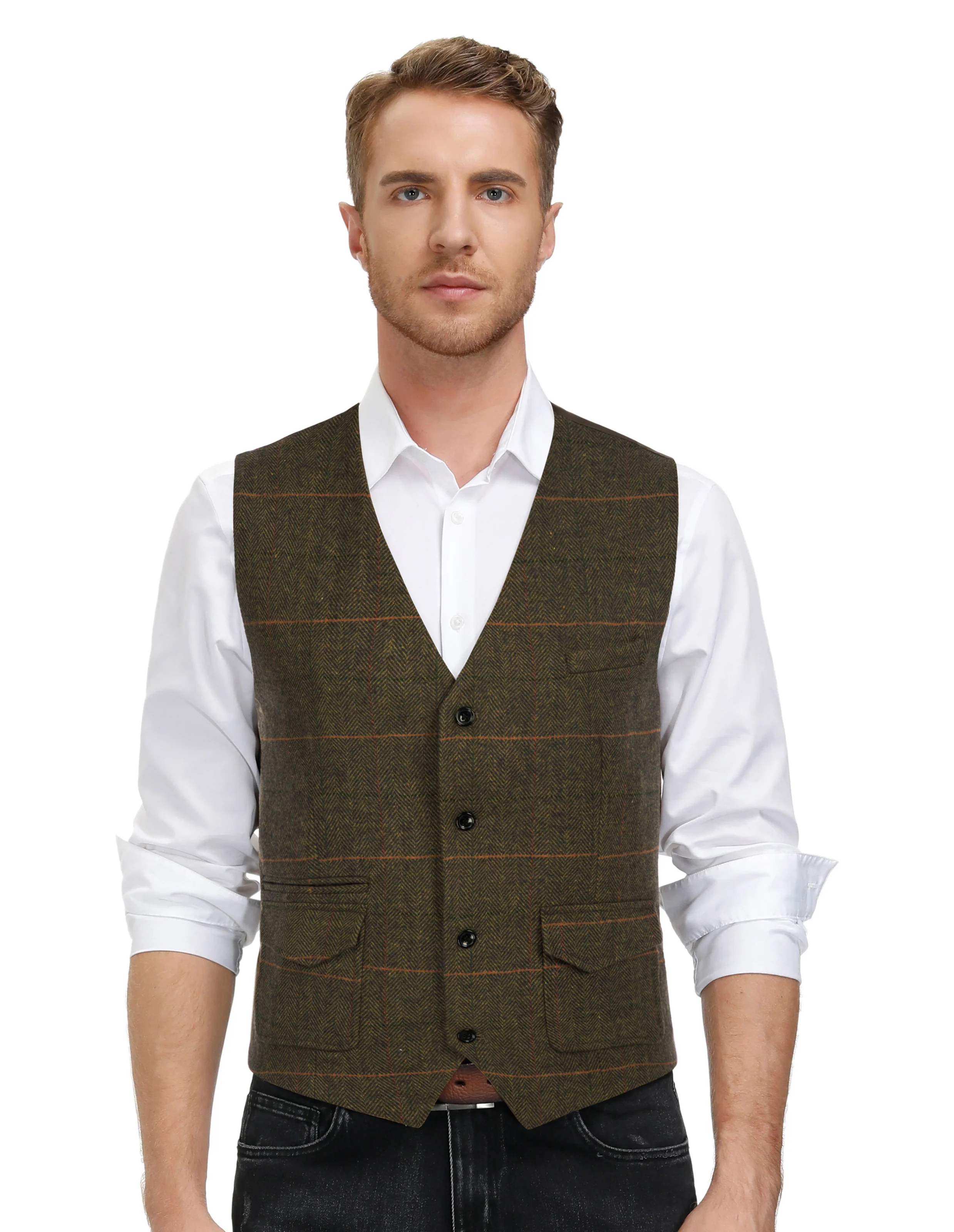 Men's British Herringbone Tweed Vest Casual Wool Blend Waistcoat with Pockets - Image 18