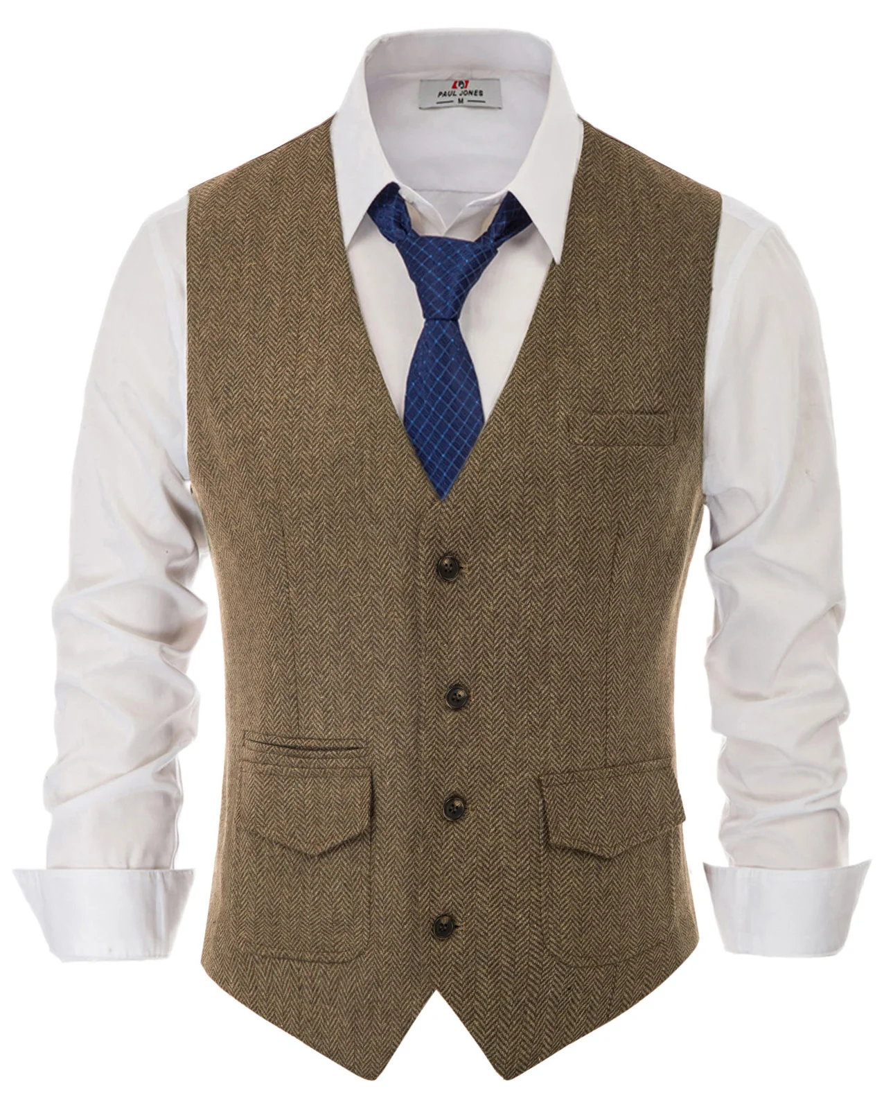 Men's British Herringbone Tweed Vest Casual Wool Blend Waistcoat with Pockets - Image 3