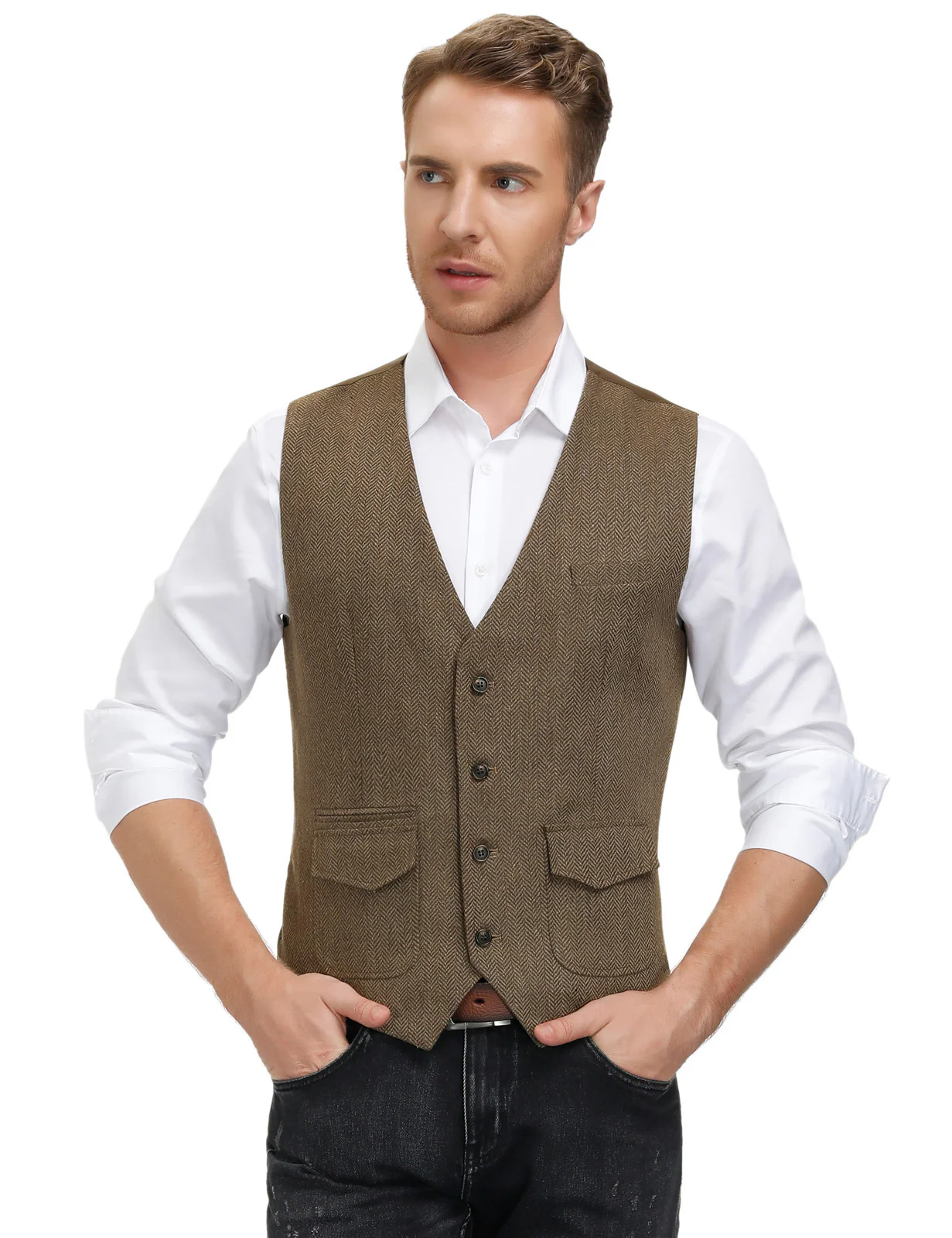 Men's British Herringbone Tweed Vest Casual Wool Blend Waistcoat with Pockets - Image 5