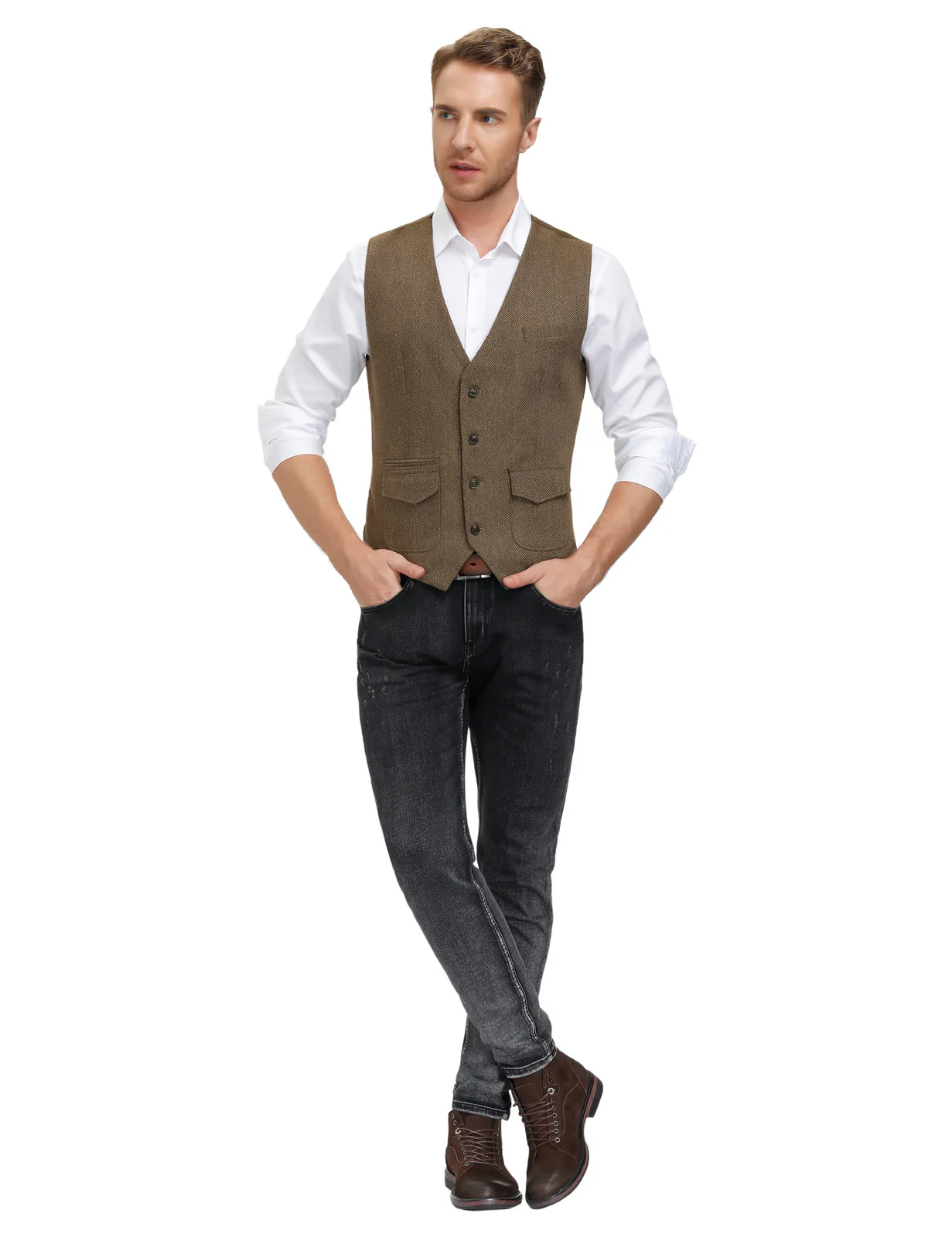 Men's British Herringbone Tweed Vest Casual Wool Blend Waistcoat with Pockets - Image 6