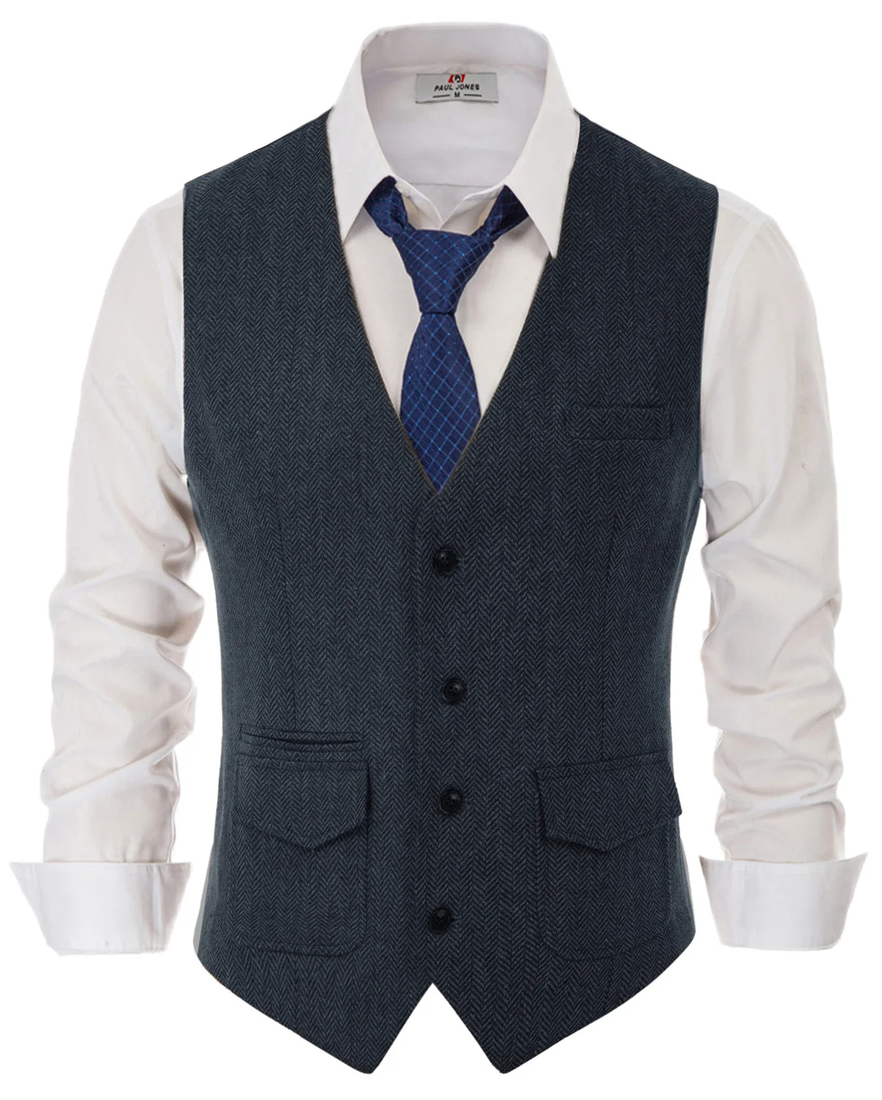 Men's British Herringbone Tweed Vest Casual Wool Blend Waistcoat with Pockets - Image 7