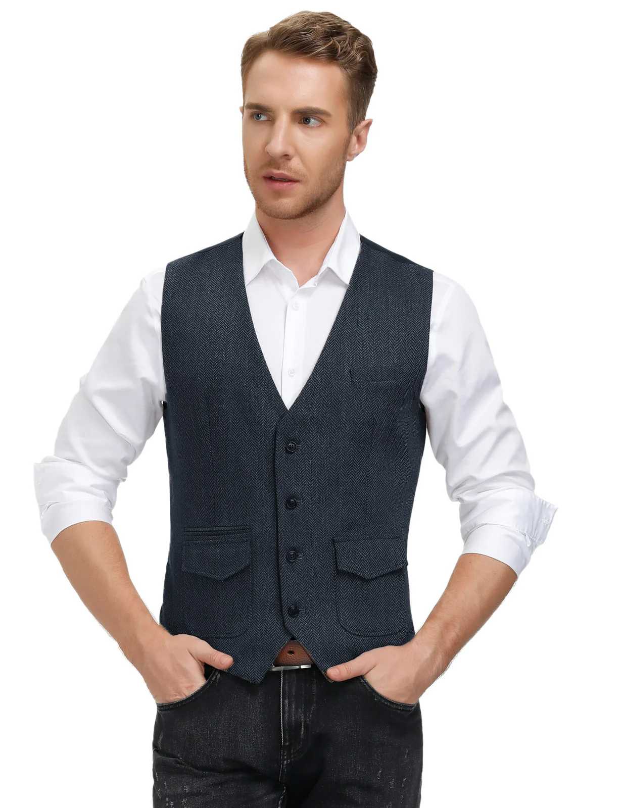Men's British Herringbone Tweed Vest Casual Wool Blend Waistcoat with Pockets - Image 9