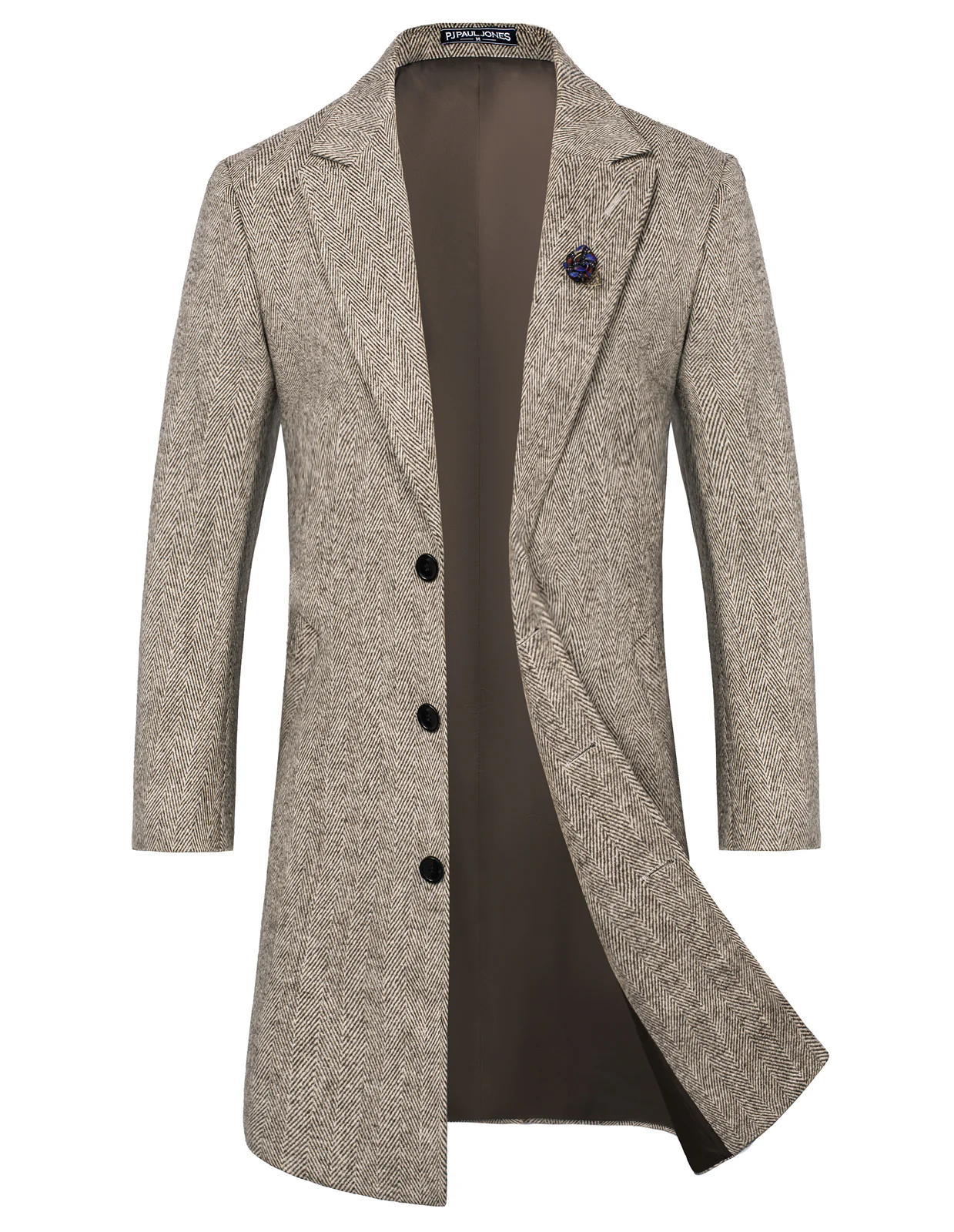 Men Herring Bone Pattern Overcoat Peak Lapel Back Slit Knee Length Coat - Image 3
