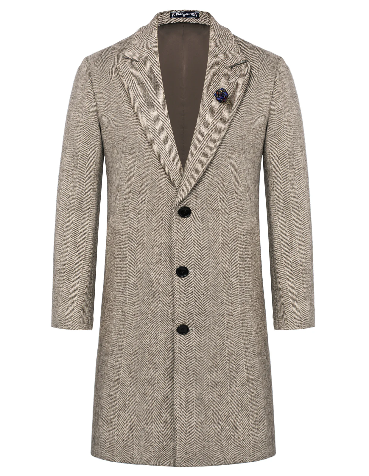 Men Herring Bone Pattern Overcoat Peak Lapel Back Slit Knee Length Coat - Image 4