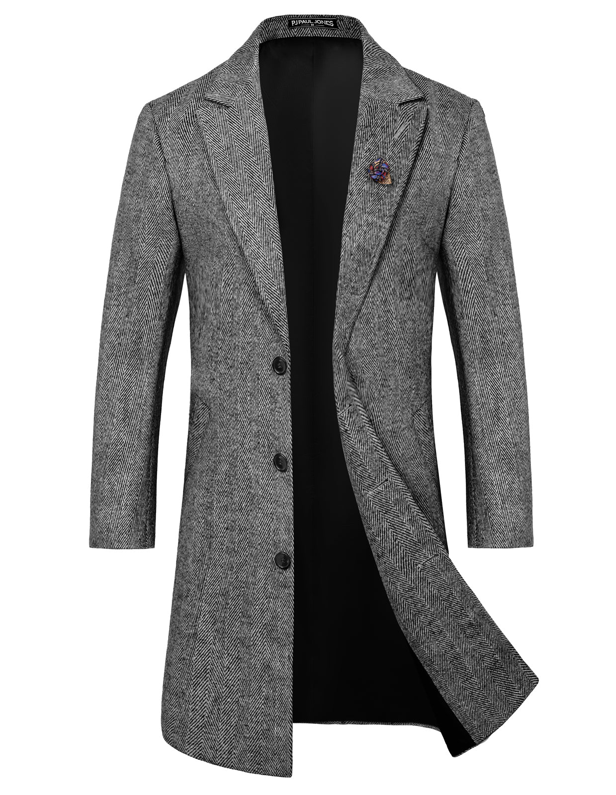 Men Herring Bone Pattern Overcoat Peak Lapel Back Slit Knee Length Coat - Image 8
