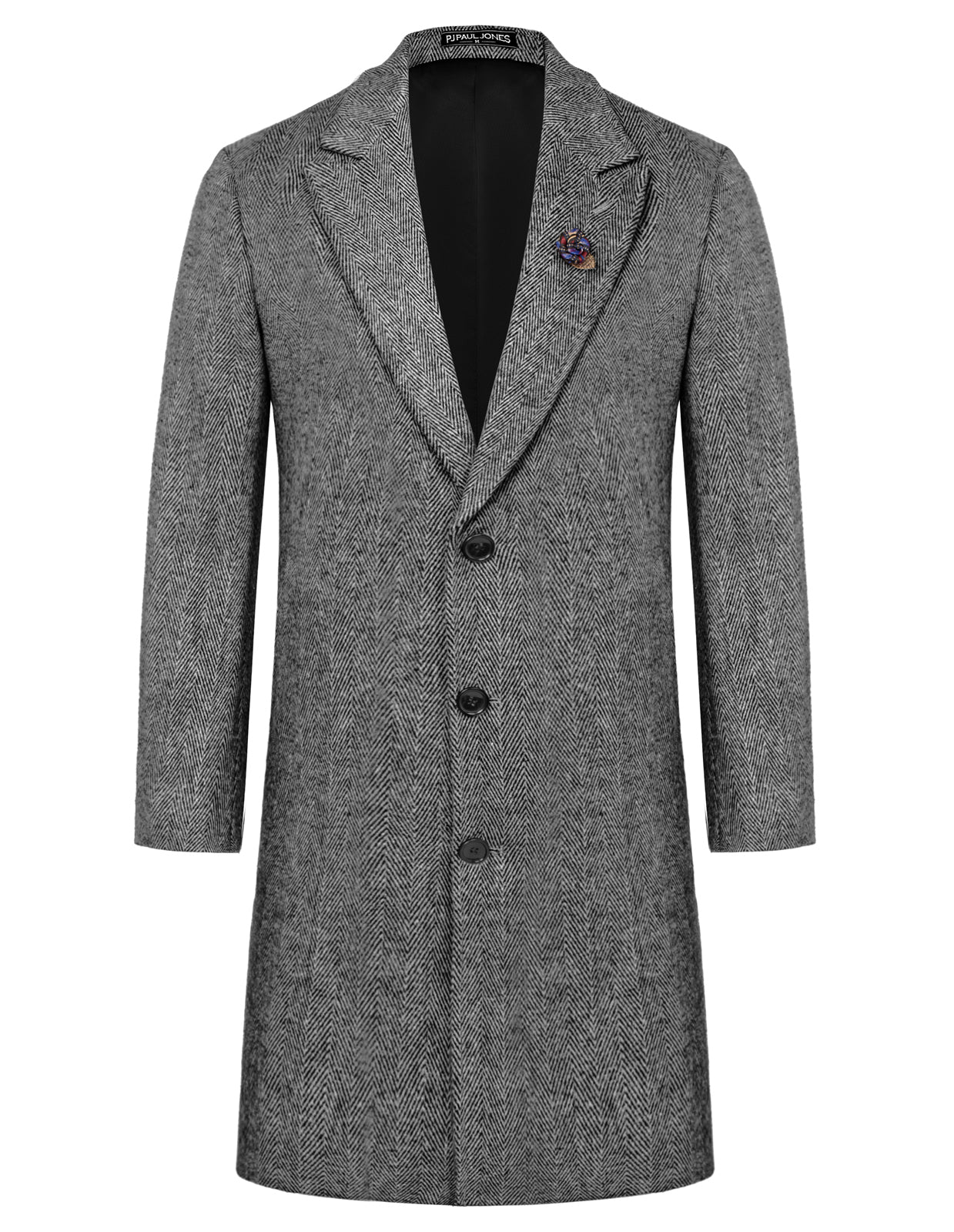 Men Herring Bone Pattern Overcoat Peak Lapel Back Slit Knee Length Coat - Image 9