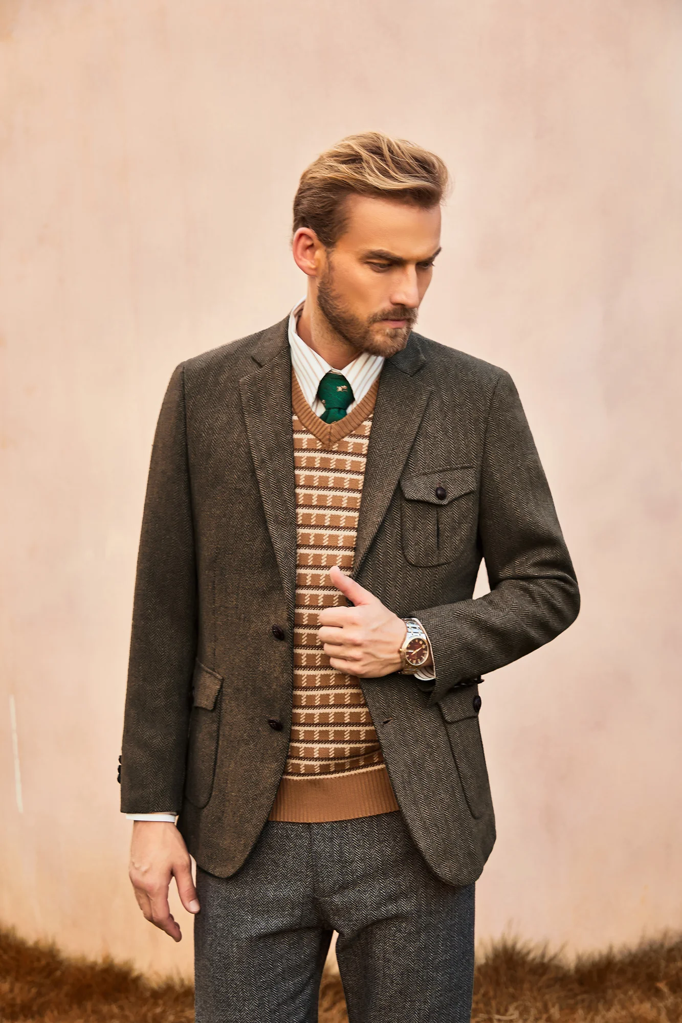 Men Herring Bone Textured Blazer Coat Notch Lapel Two Buttons Coat - Image 10