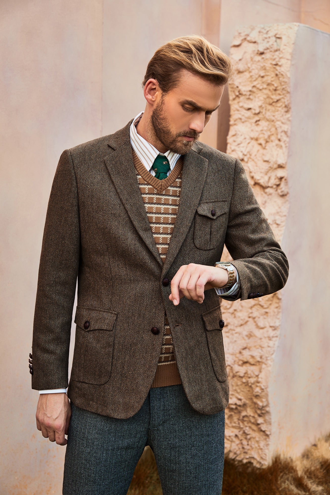 Men Herring Bone Textured Blazer Coat Notch Lapel Two Buttons Coat - Image 11
