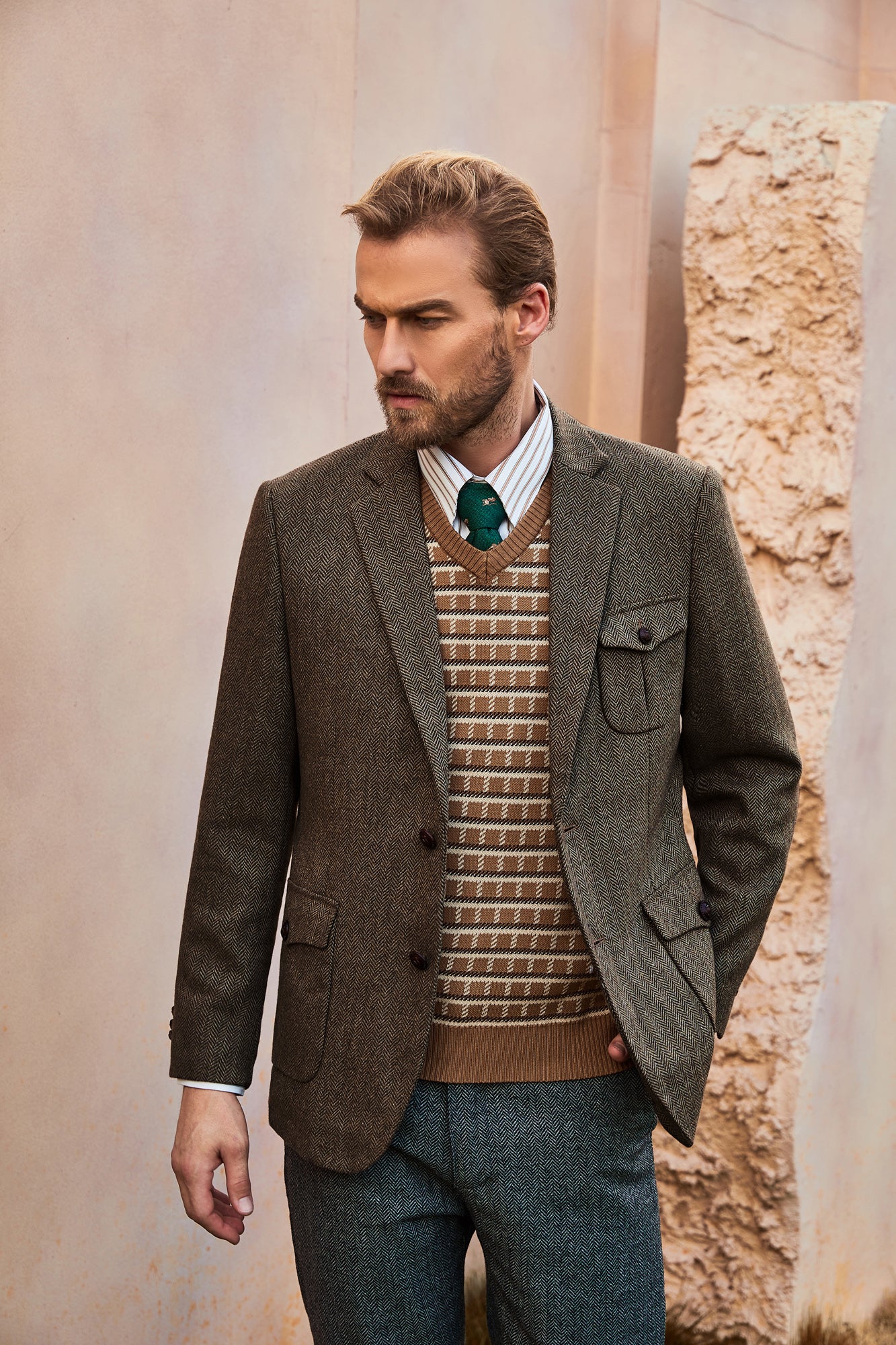 Men Herring Bone Textured Blazer Coat Notch Lapel Two Buttons Coat - Image 12