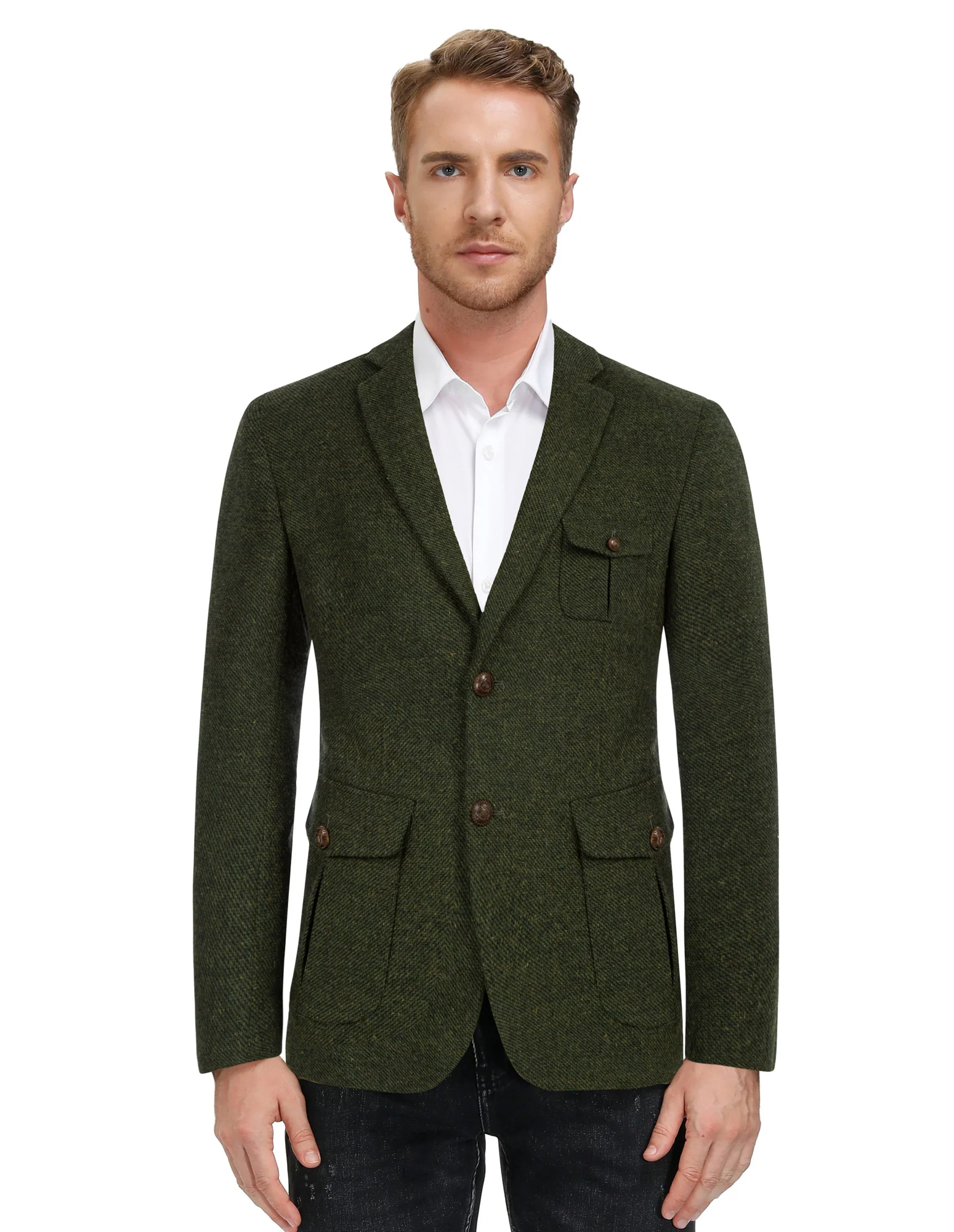 Men Herring Bone Textured Blazer Coat Notch Lapel Two Buttons Coat - Image 15