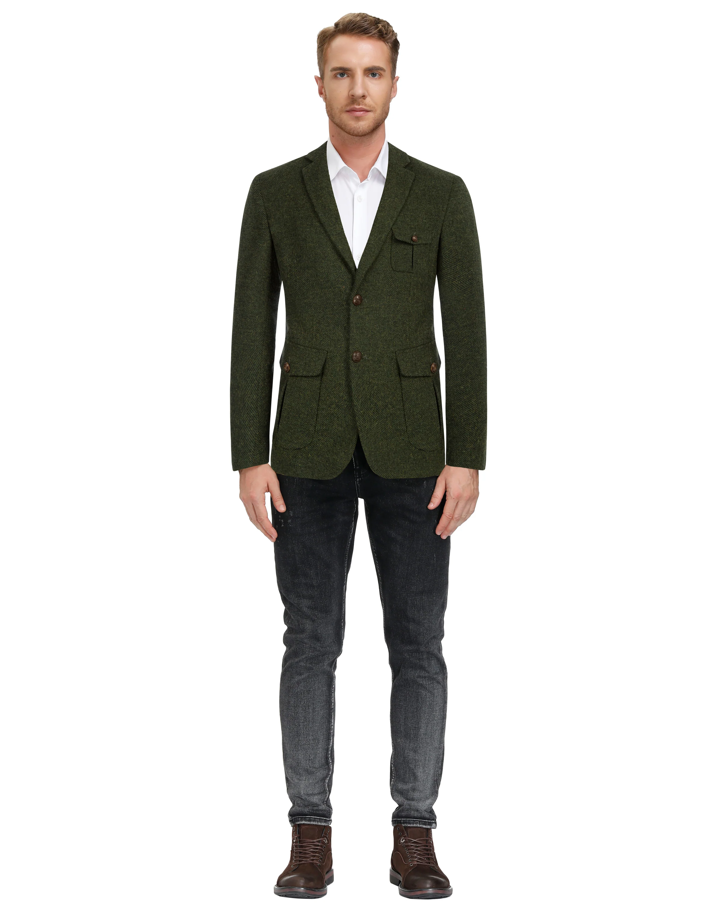 Men Herring Bone Textured Blazer Coat Notch Lapel Two Buttons Coat - Image 16