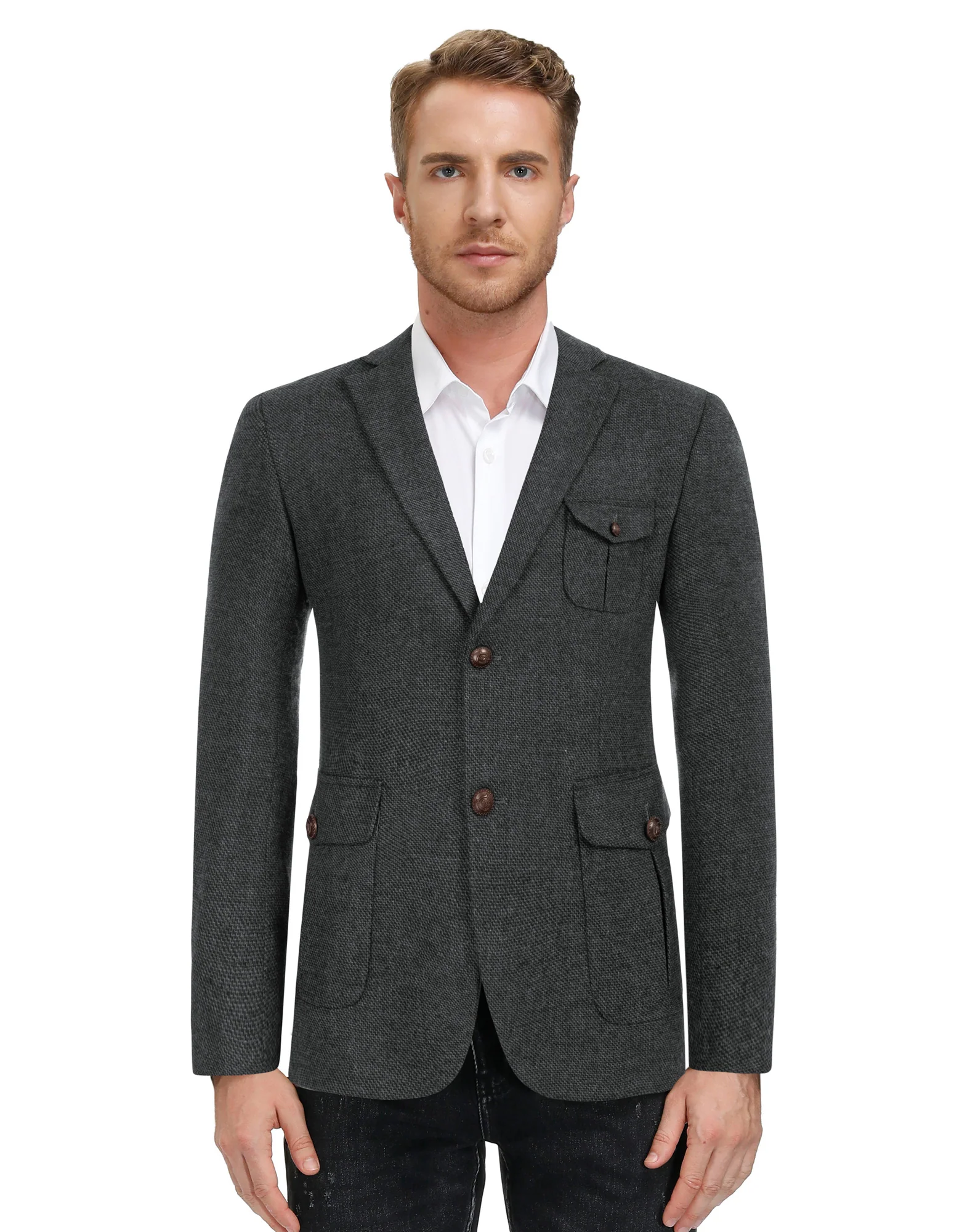 Men Herring Bone Textured Blazer Coat Notch Lapel Two Buttons Coat - Image 20