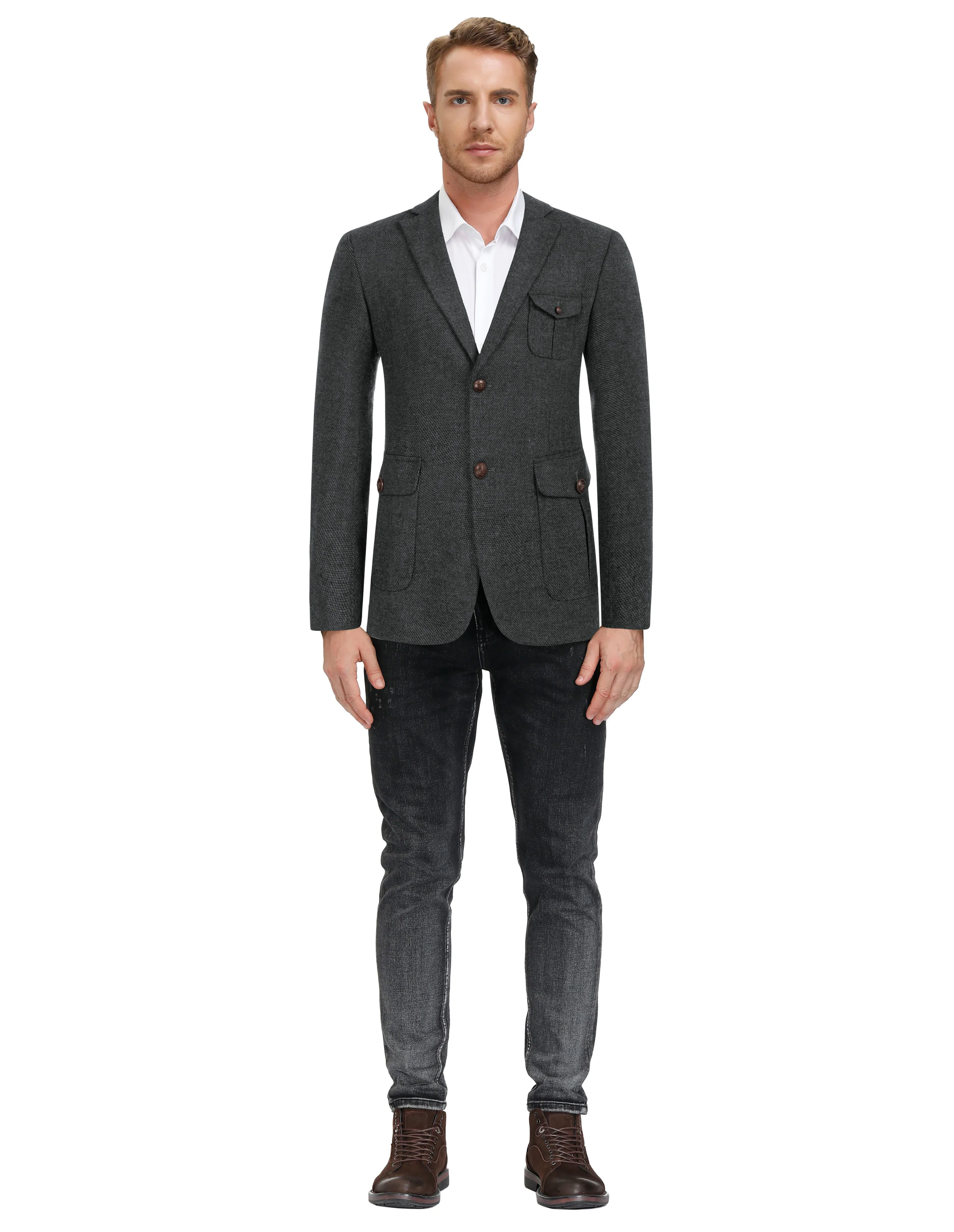Men Herring Bone Textured Blazer Coat Notch Lapel Two Buttons Coat - Image 21