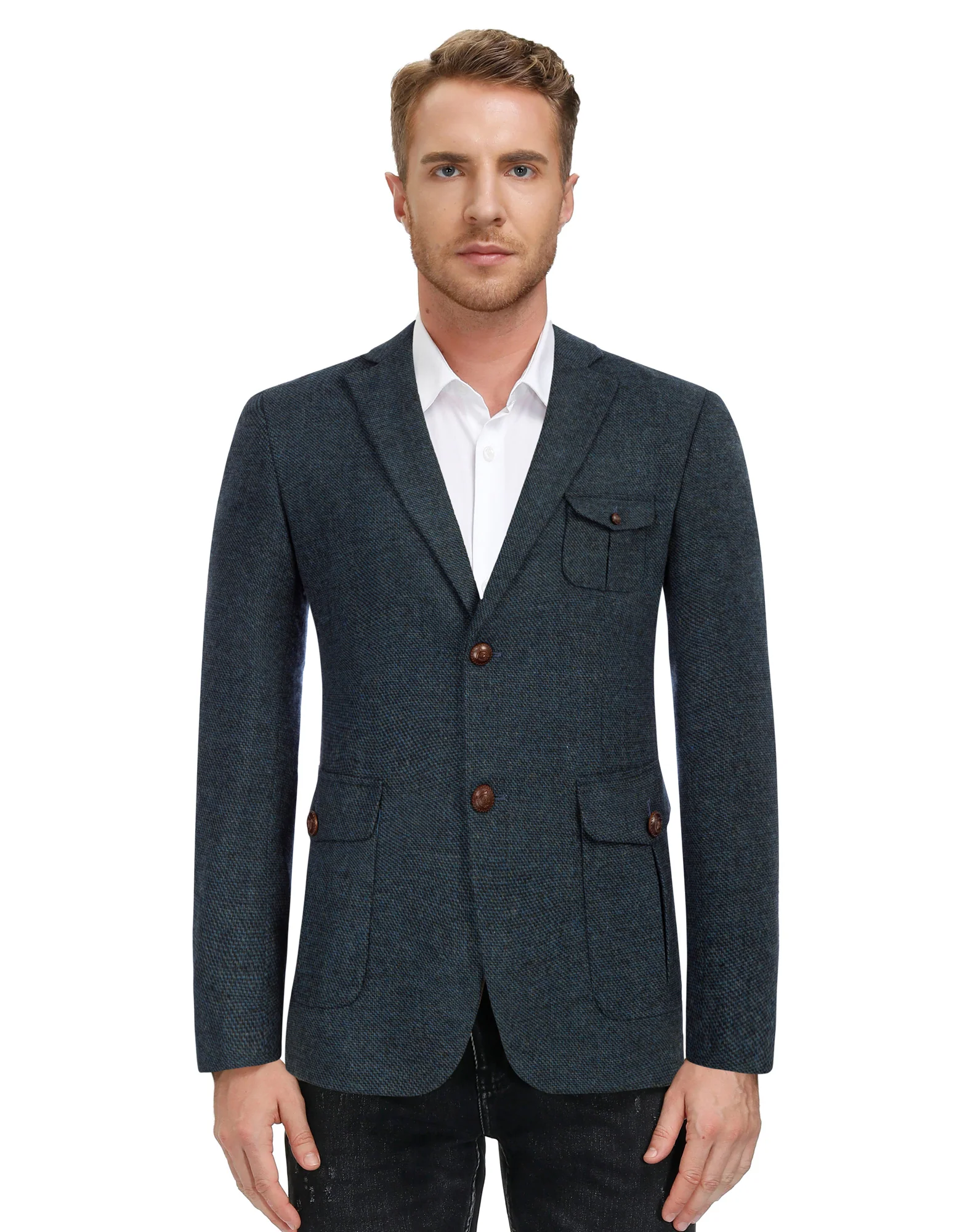 Men Herring Bone Textured Blazer Coat Notch Lapel Two Buttons Coat - Image 25
