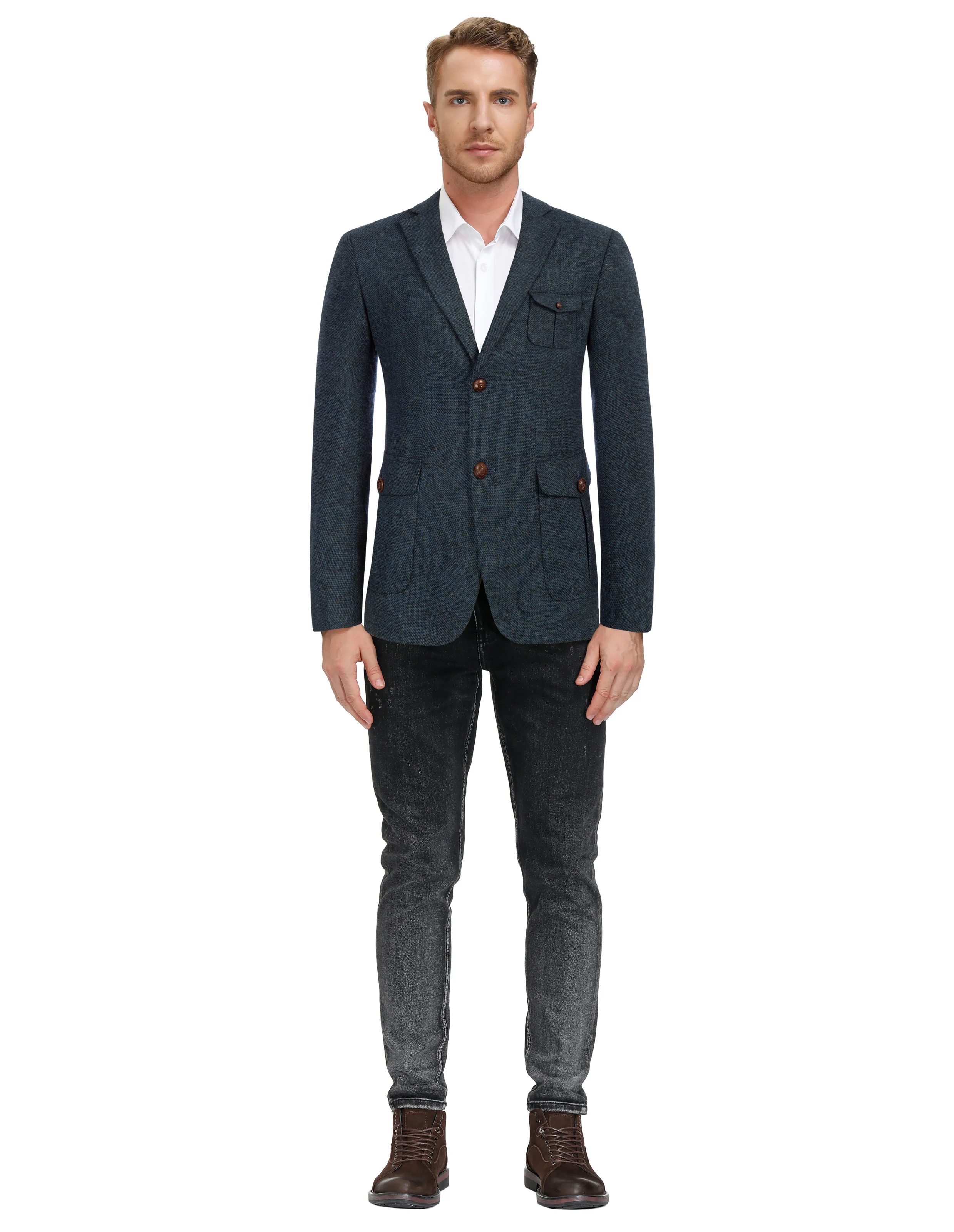 Men Herring Bone Textured Blazer Coat Notch Lapel Two Buttons Coat - Image 26