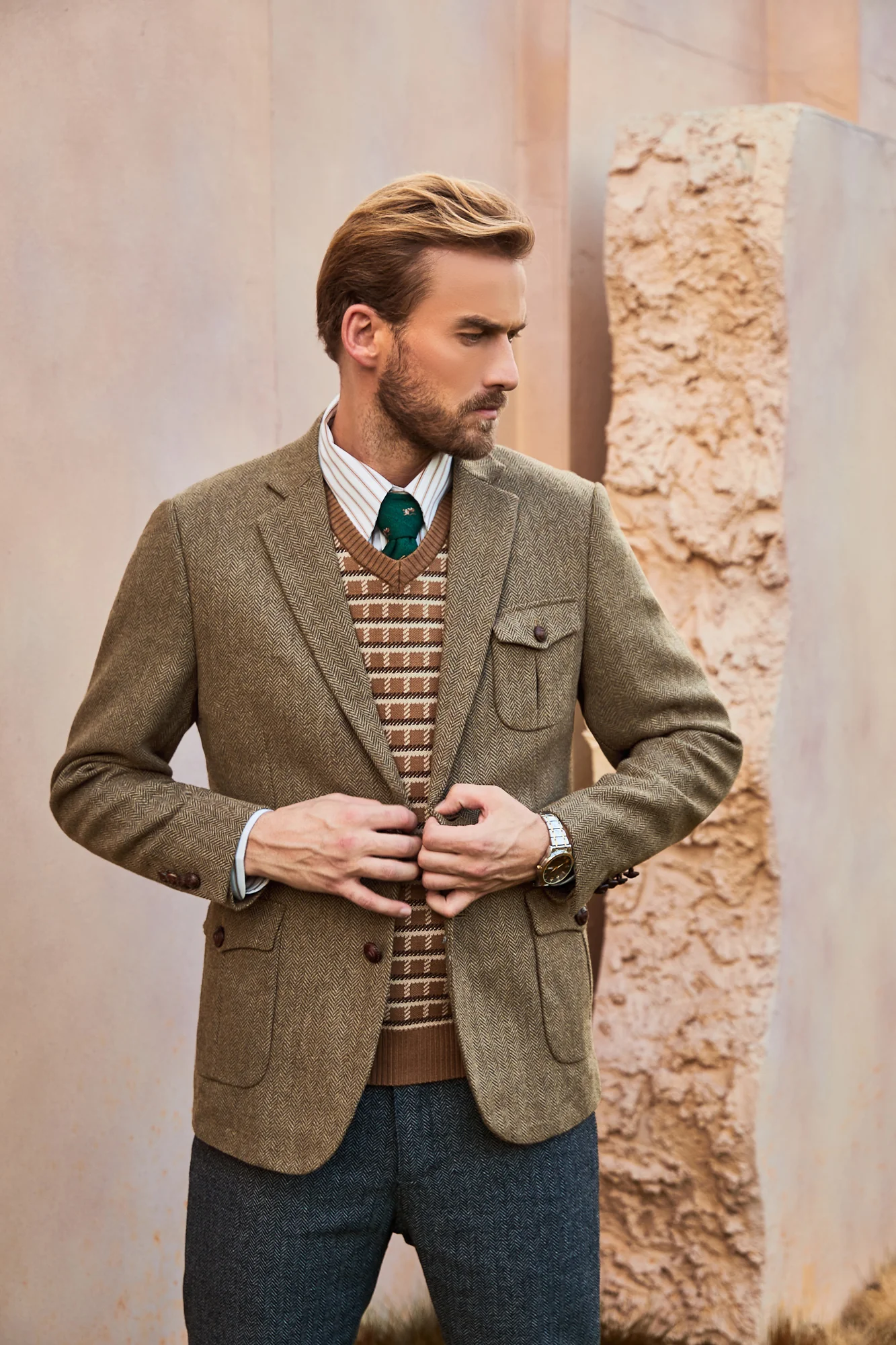 Men Herring Bone Textured Blazer Coat Notch Lapel Two Buttons Coat - Image 5
