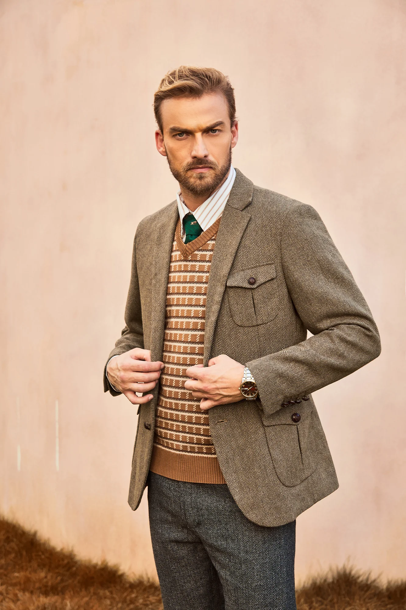 Men Herring Bone Textured Blazer Coat Notch Lapel Two Buttons Coat - Image 6