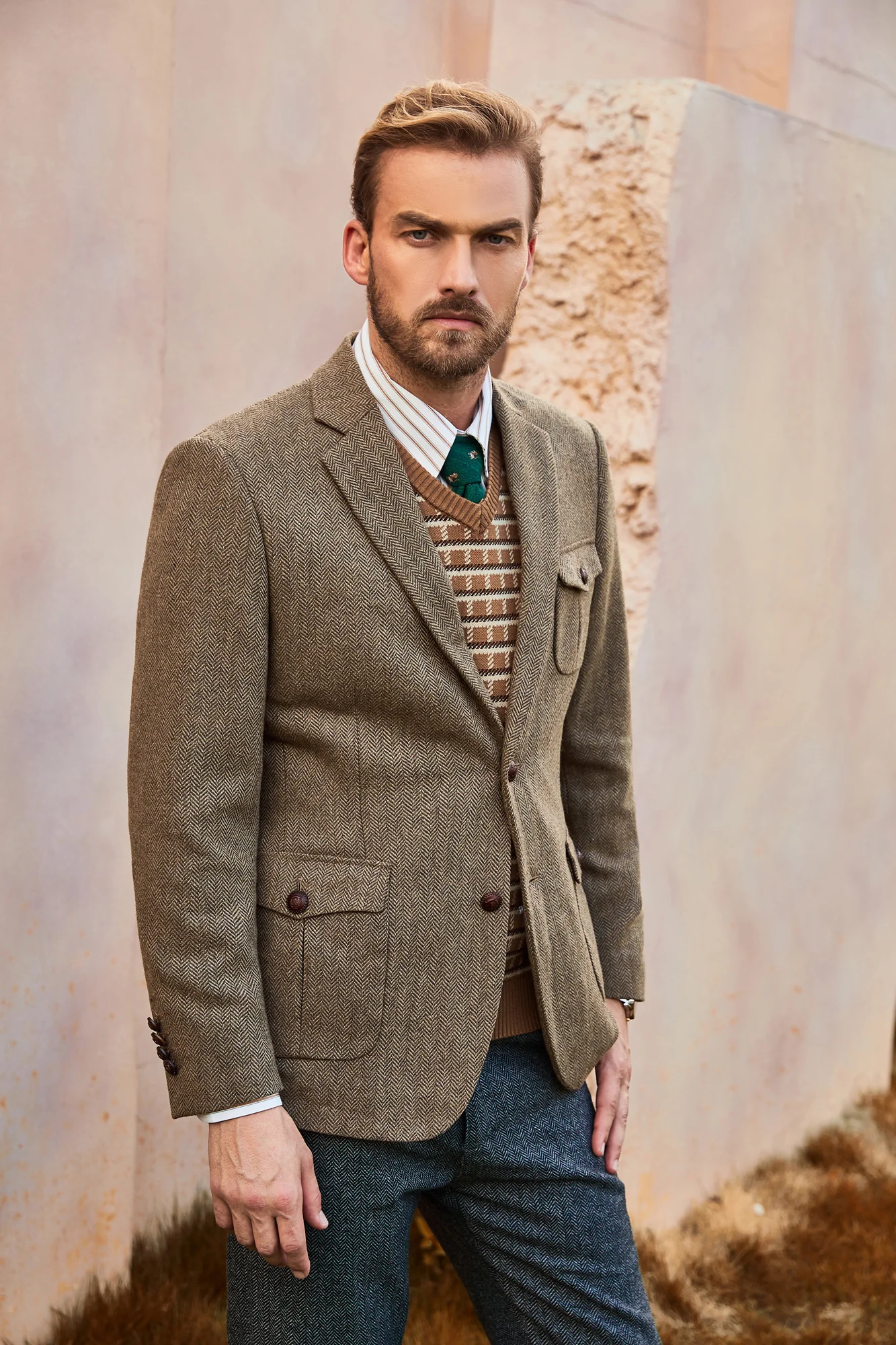 Men Herring Bone Textured Blazer Coat Notch Lapel Two Buttons Coat - Image 7