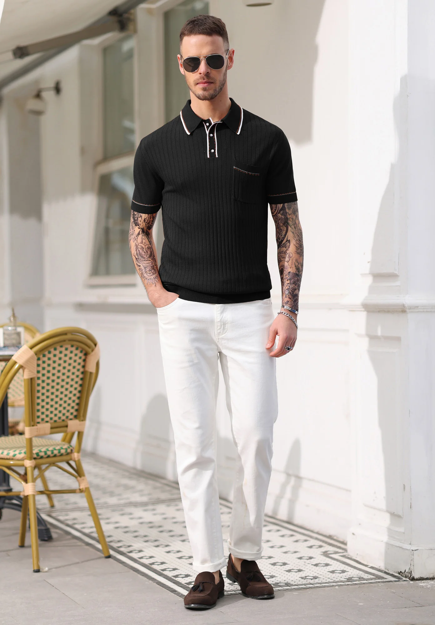 Men's Short Sleeve Knit Button Polo Shirts Casual Pullover Golf Shirt with Pockets - Image 20