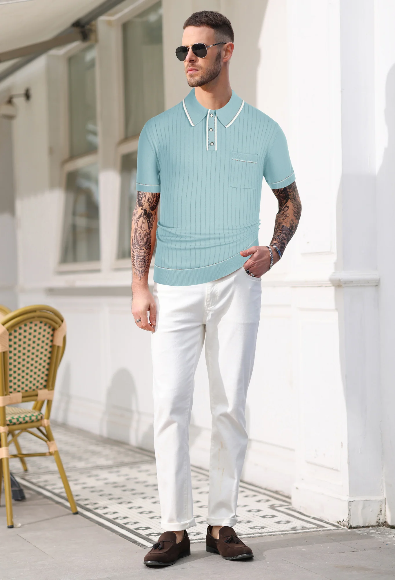 Men's Short Sleeve Knit Button Polo Shirts Casual Pullover Golf Shirt with Pockets - Image 24