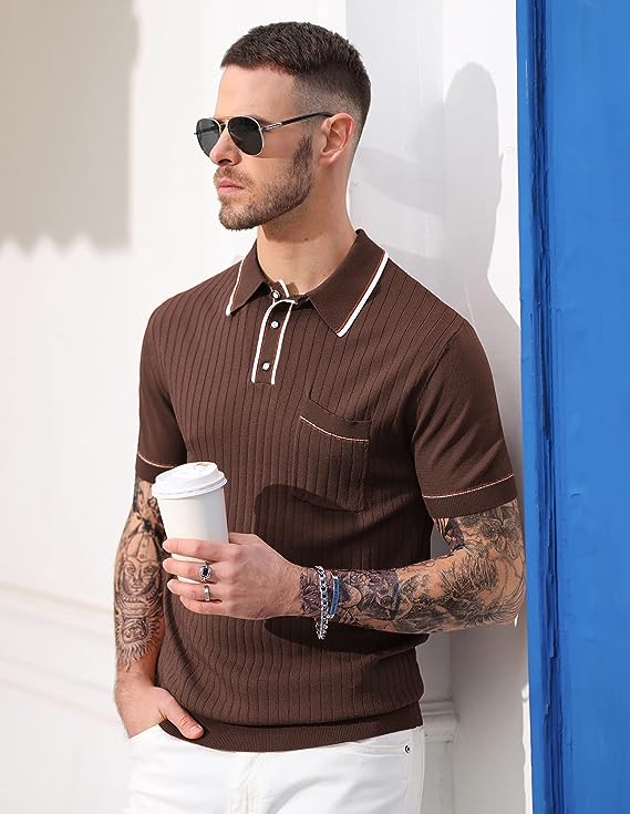 Men's Short Sleeve Knit Button Polo Shirts Casual Pullover Golf Shirt with Pockets - Image 30