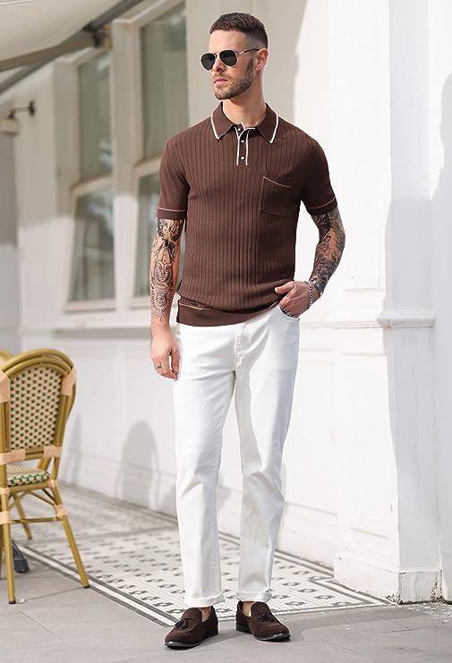 Men's Short Sleeve Knit Button Polo Shirts Casual Pullover Golf Shirt with Pockets - Image 31