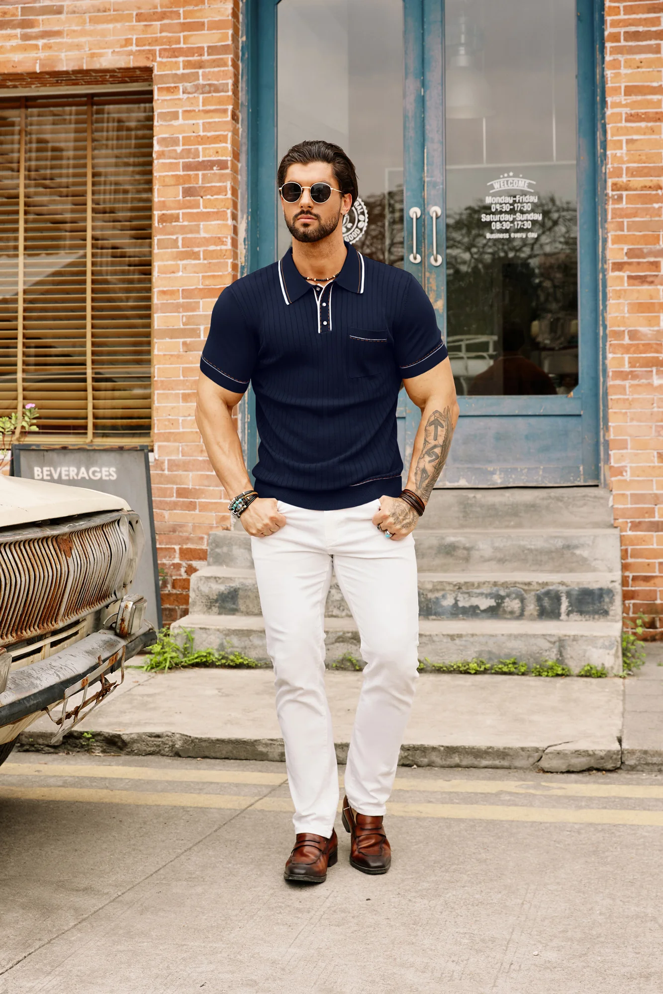 Men's Short Sleeve Knit Button Polo Shirts Casual Pullover Golf Shirt with Pockets - Image 35