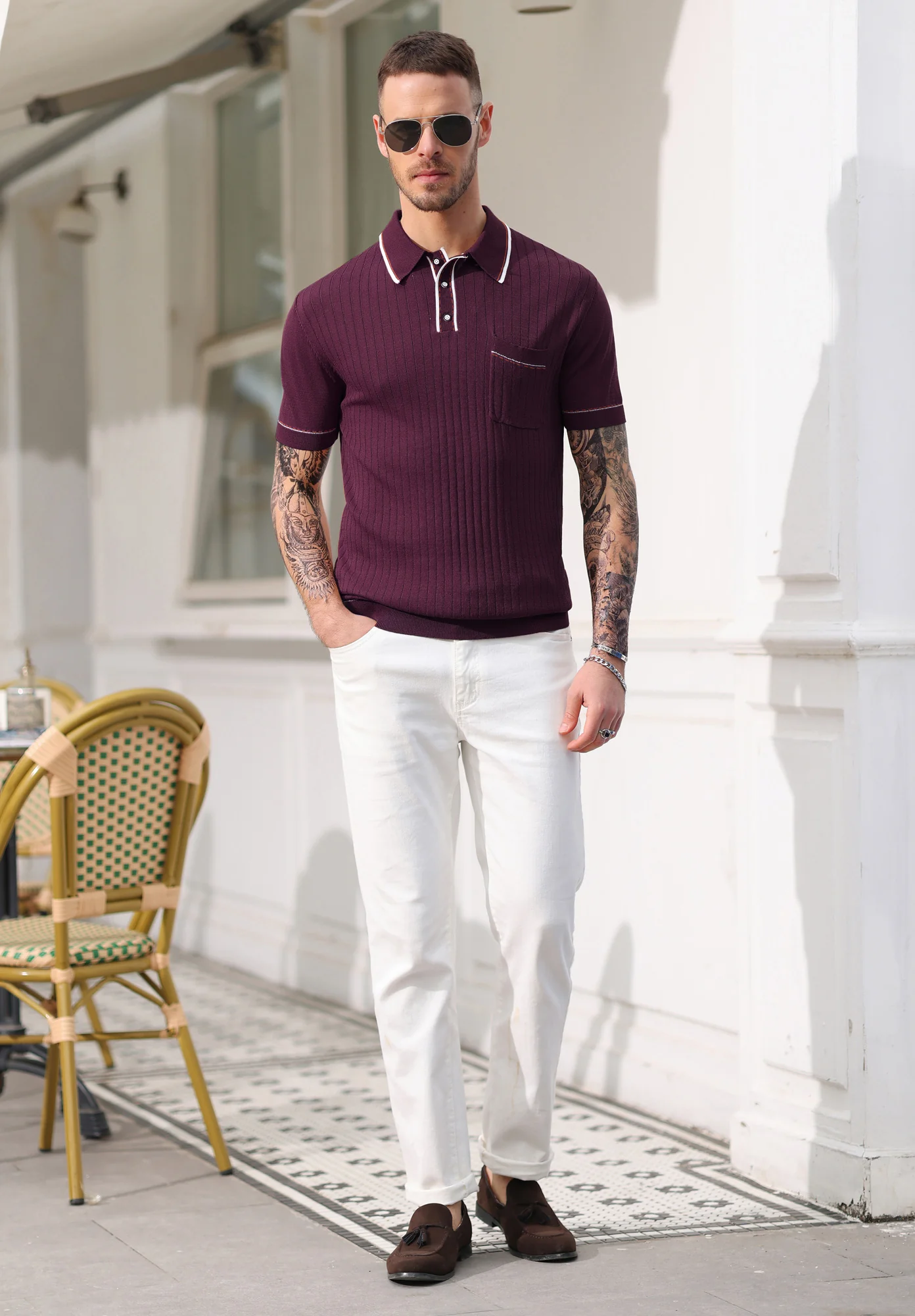 Men's Short Sleeve Knit Button Polo Shirts Casual Pullover Golf Shirt with Pockets - Image 40