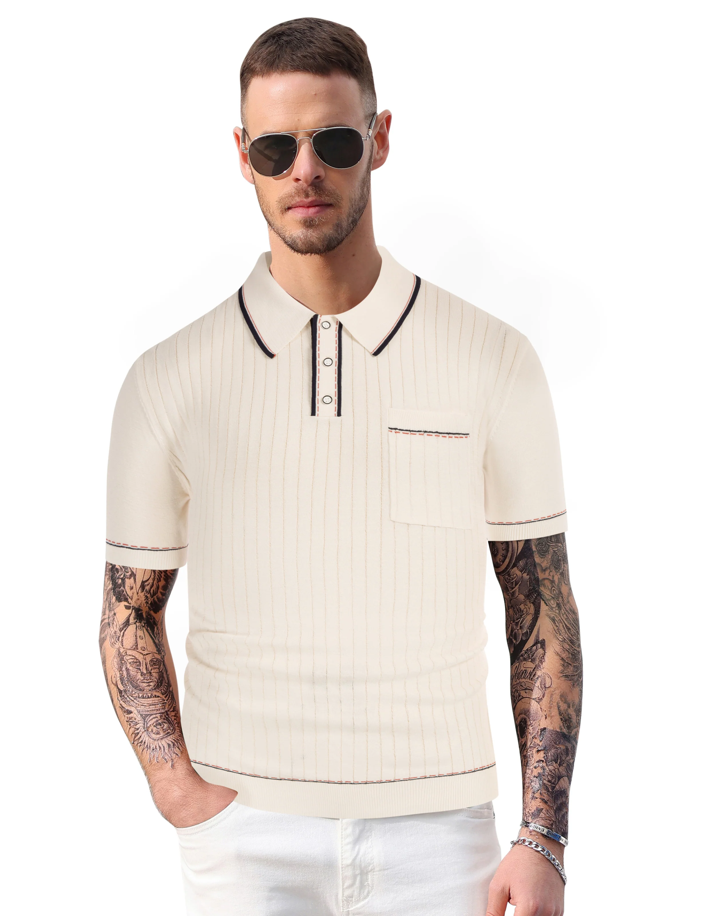 Men's Short Sleeve Knit Button Polo Shirts Casual Pullover Golf Shirt with Pockets - Image 5