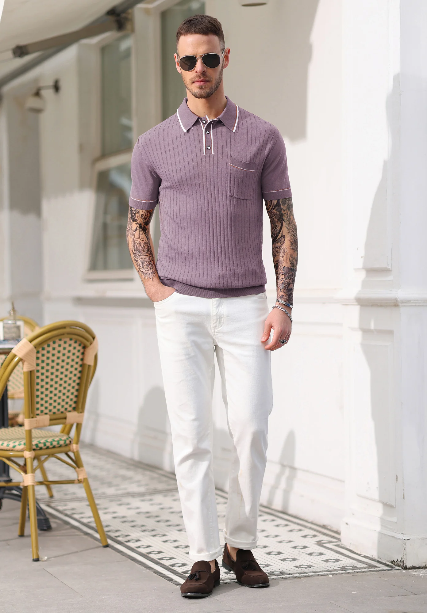 Men's Short Sleeve Knit Button Polo Shirts Casual Pullover Golf Shirt with Pockets - Image 52