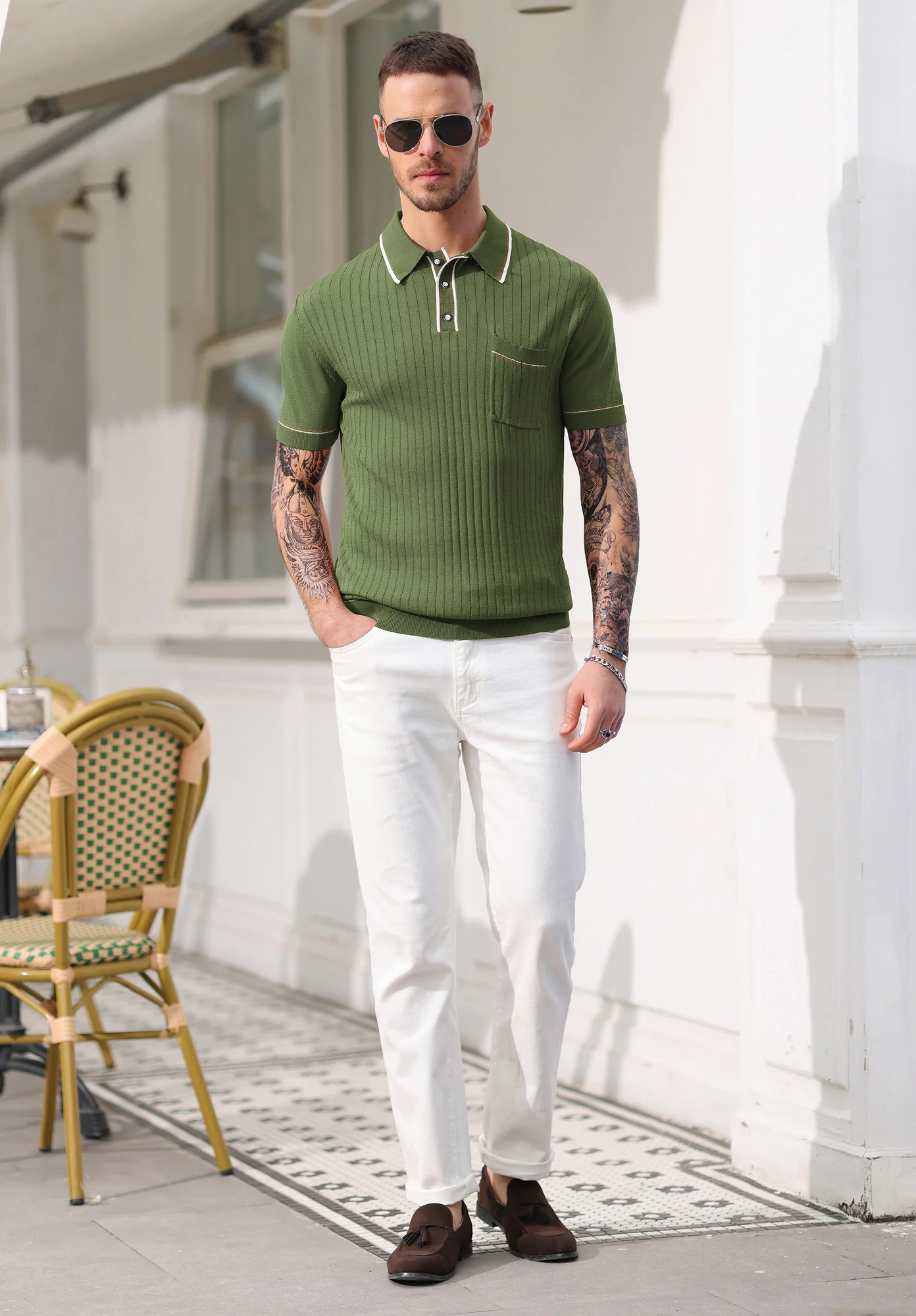 Men's Short Sleeve Knit Button Polo Shirts Casual Pullover Golf Shirt with Pockets - Image 58