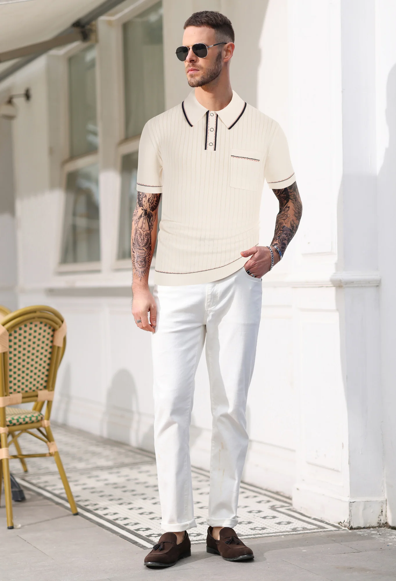 Men's Short Sleeve Knit Button Polo Shirts Casual Pullover Golf Shirt with Pockets - Image 6