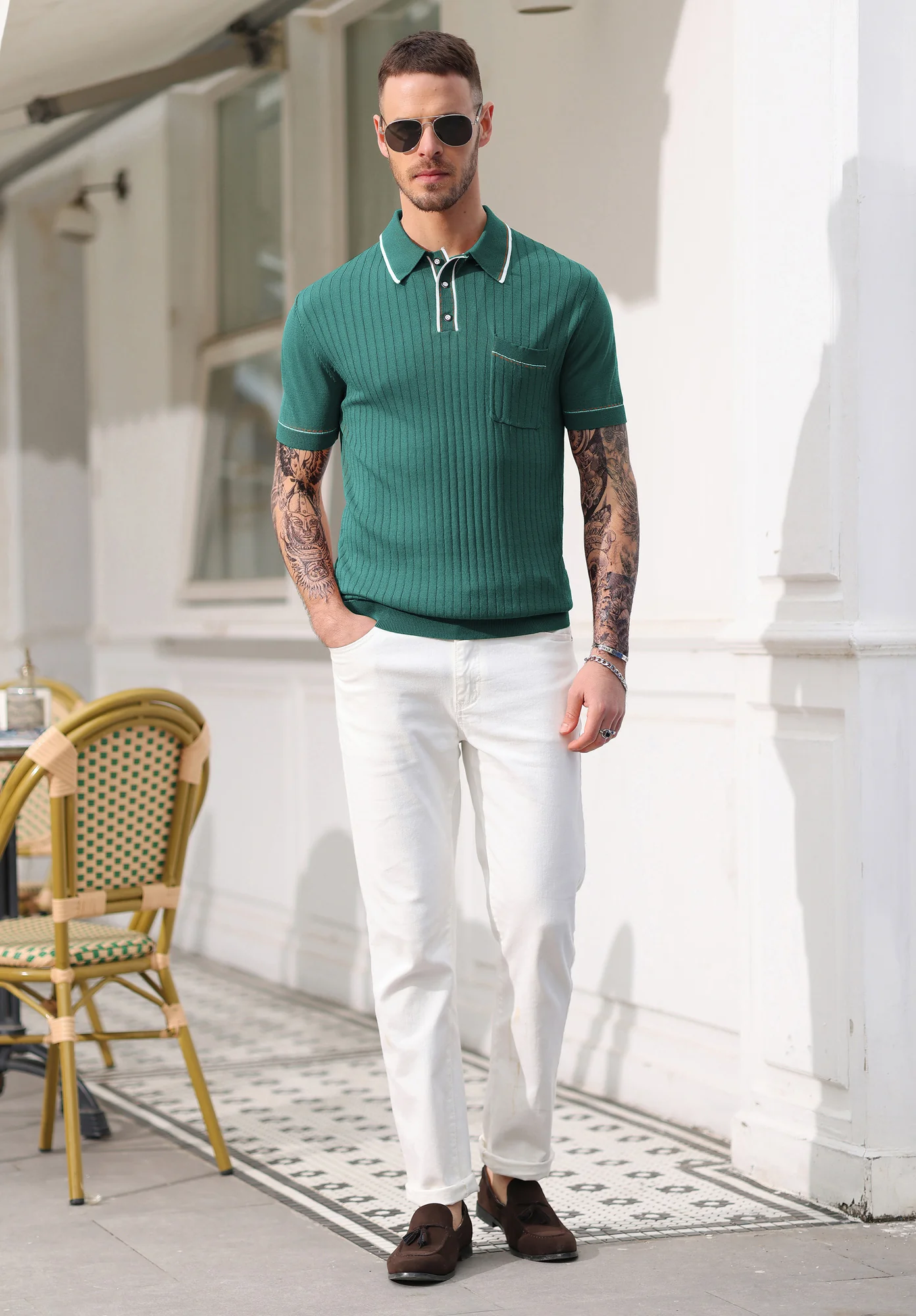 Men's Short Sleeve Knit Button Polo Shirts Casual Pullover Golf Shirt with Pockets - Image 64