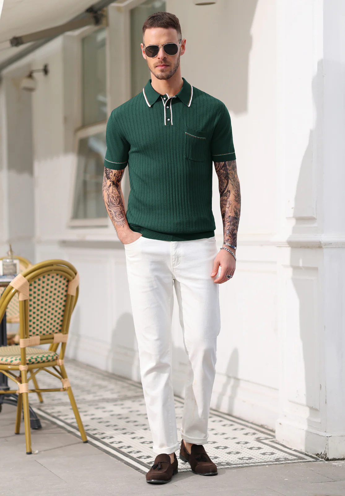 Men's Short Sleeve Knit Button Polo Shirts Casual Pullover Golf Shirt with Pockets - Image 9