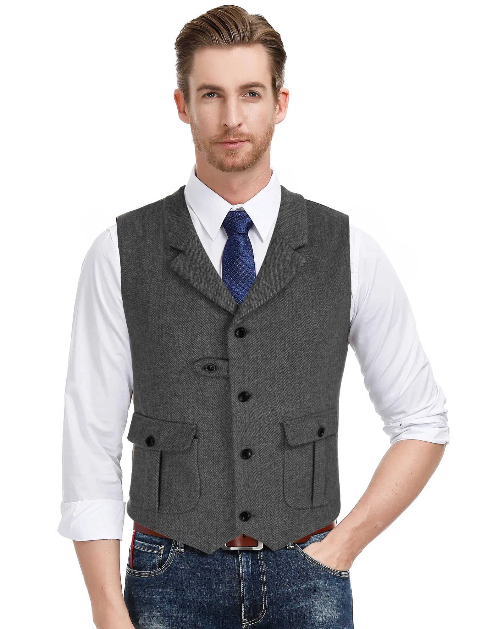 Men Notch Lapel Vest Coat Single Breasted Handkerchief Hem Cut-off Vest - Image 18