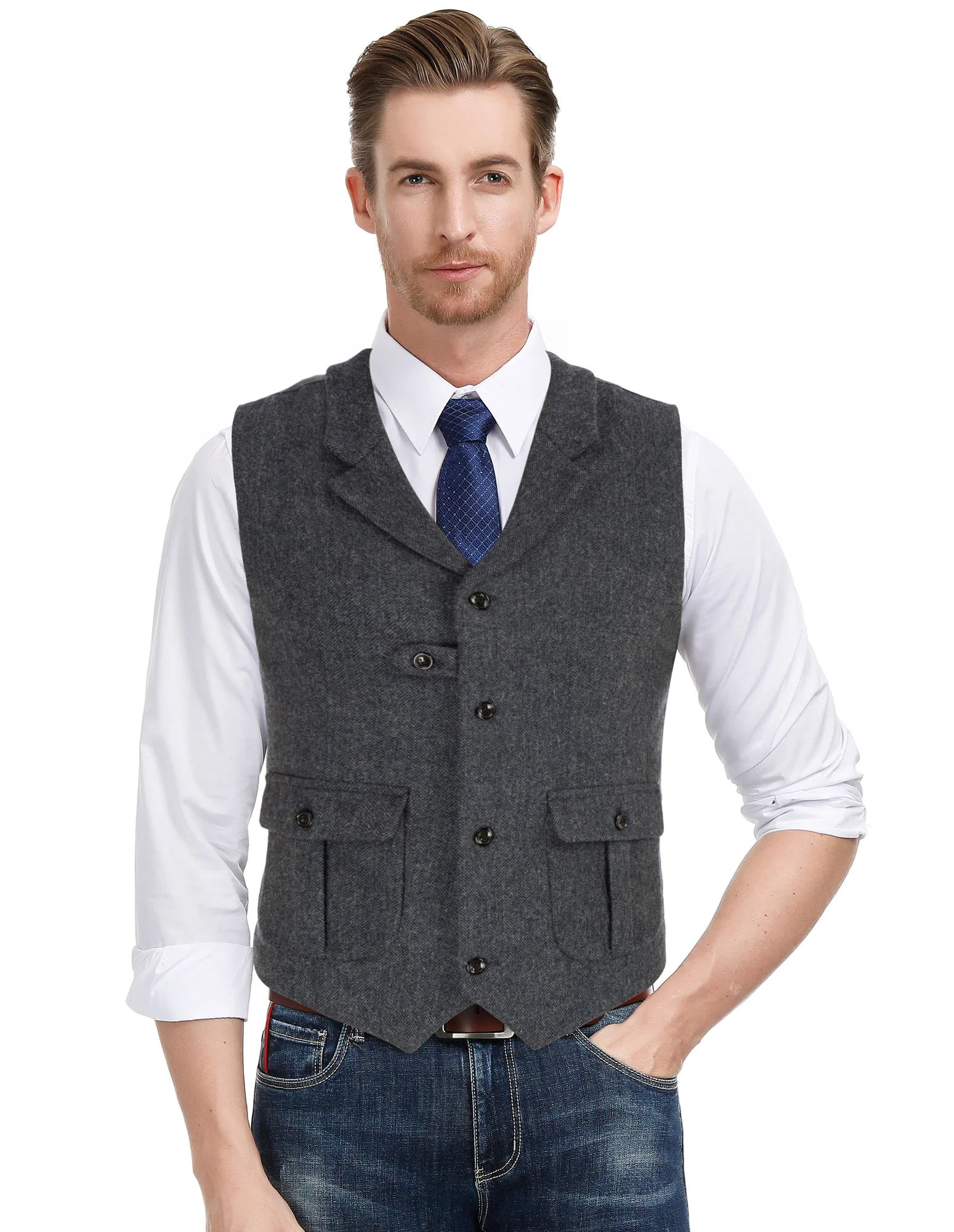 Men Notch Lapel Vest Coat Single Breasted Handkerchief Hem Cut-off Vest - Image 22