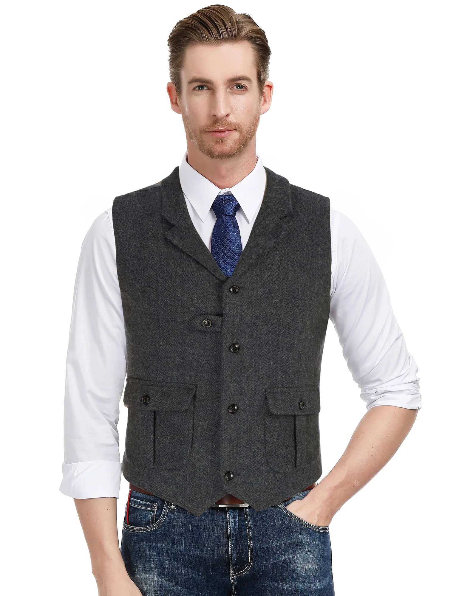 Men Notch Lapel Vest Coat Single Breasted Handkerchief Hem Cut-off Vest - Image 26